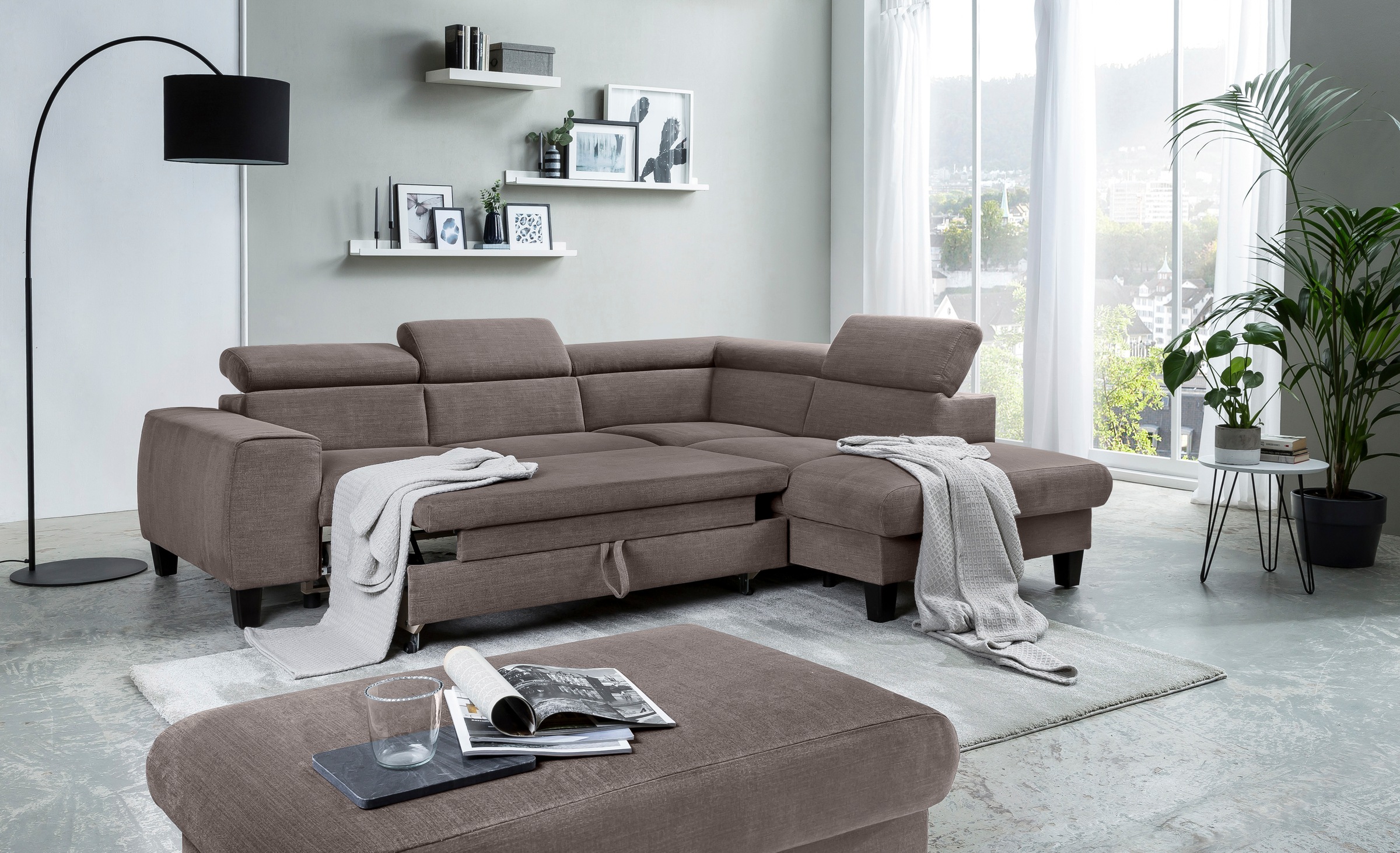 COTTA Ecksofa »Morven L-Form mit Kopfteilverstellung«, wahlweise mit Bettfunktion, Bettkasten & Wireless-Charger