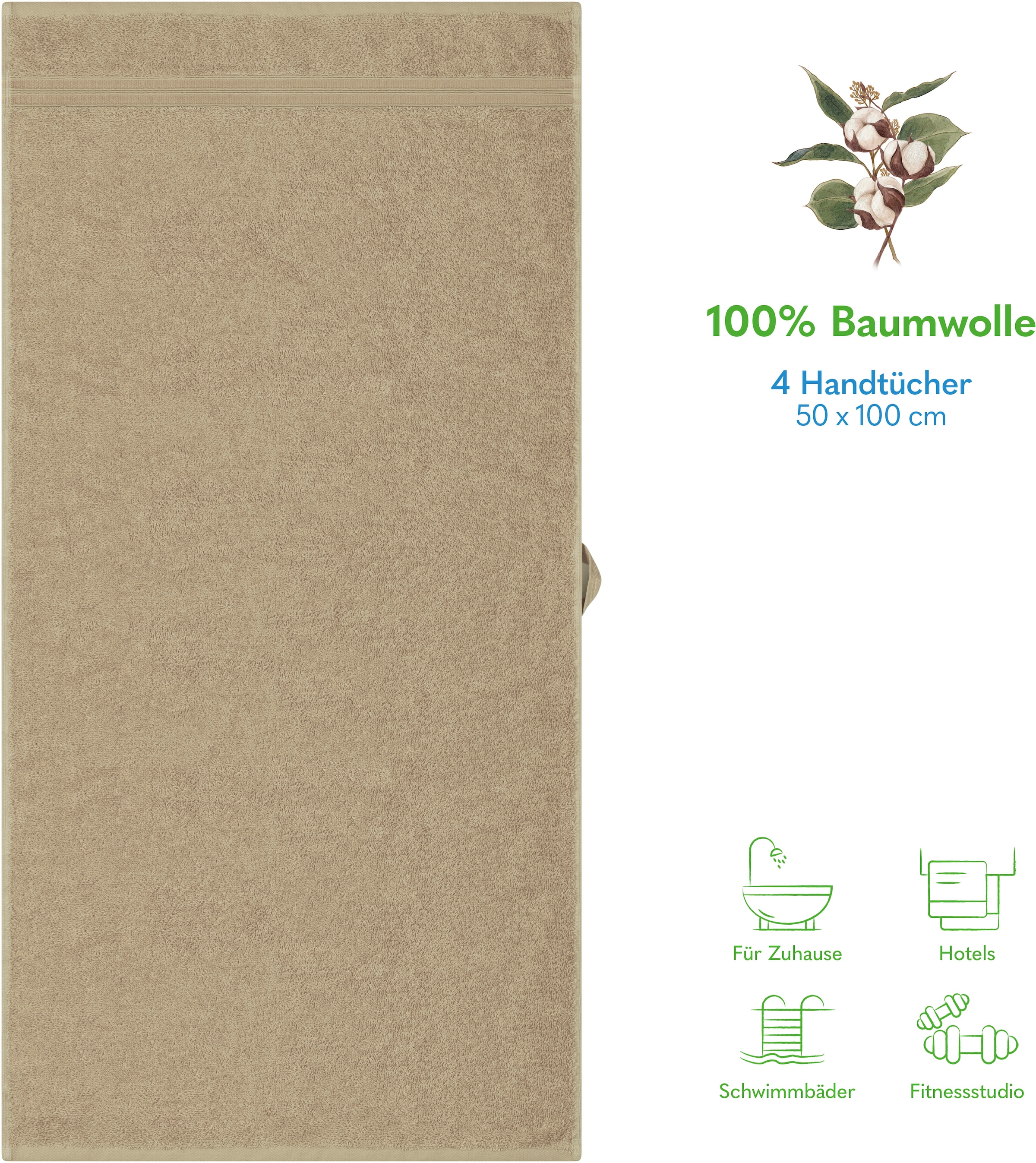 HAMMETEX Handtuch Set »4er Set Handtücher 50x100 cm, 100% Baumwolle, Weich & Saugstark« mit Bordüre, einfarbig, weich