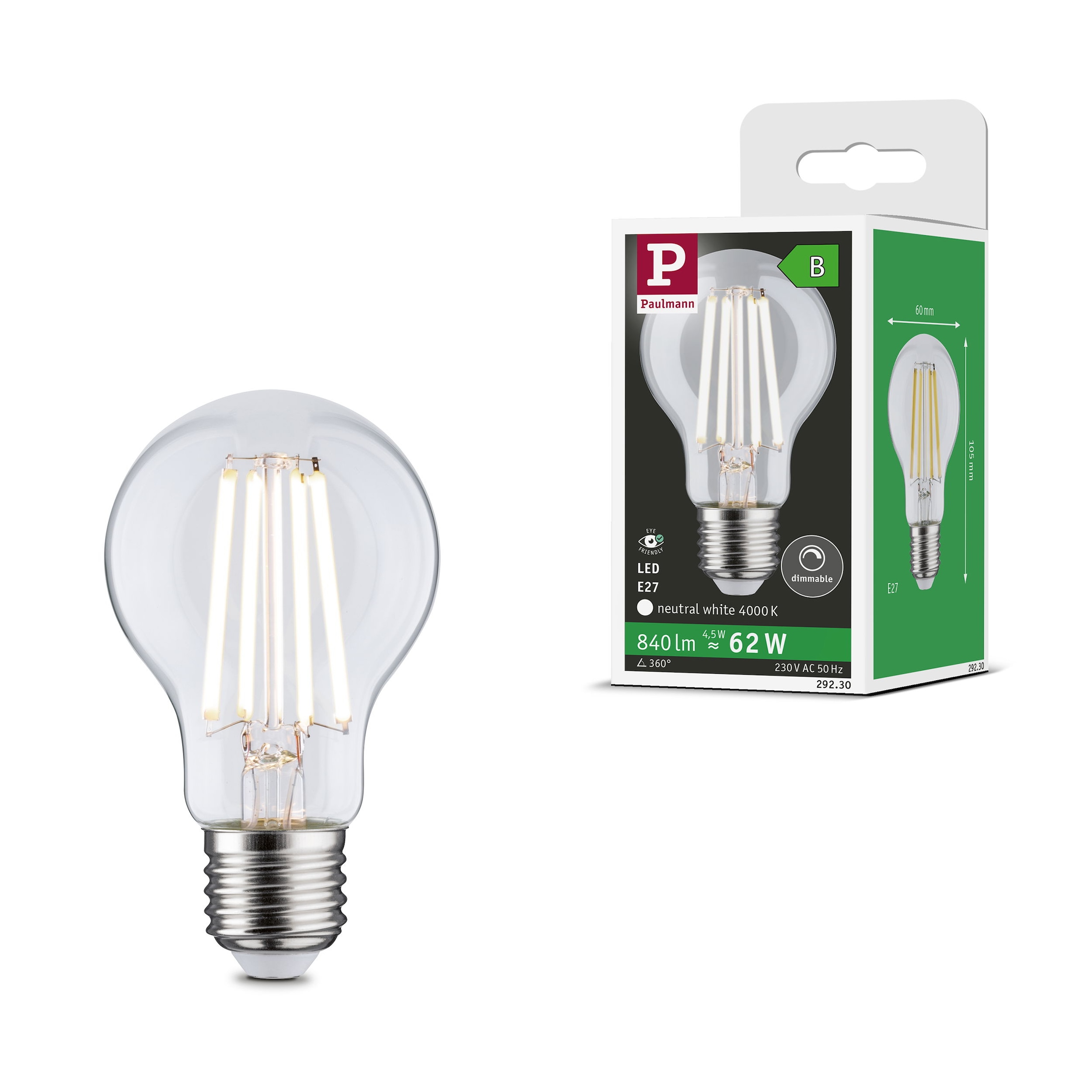Paulmann LED-Leuchtmittel »Eco-Line AGL 840lm 4,5W 4000K dim klar 230V« E27 1 Stk. Neutralweiß