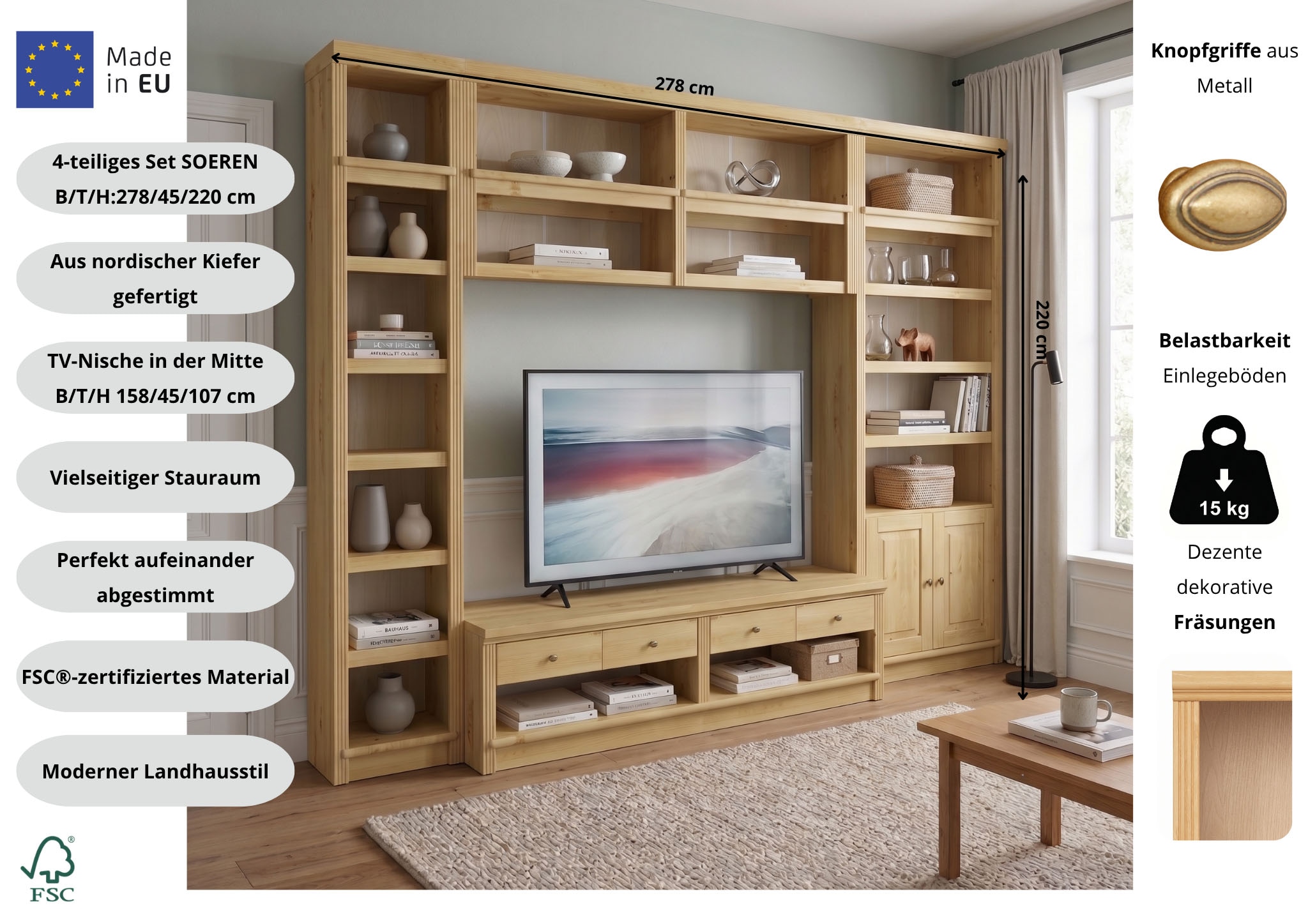 OTTO home Wohnwand »Soeren, 1 Standregal, 1 Wandregal, 1 TV-Lowboard, 1 Bücherregal« Set, 4 Stk. tlg.