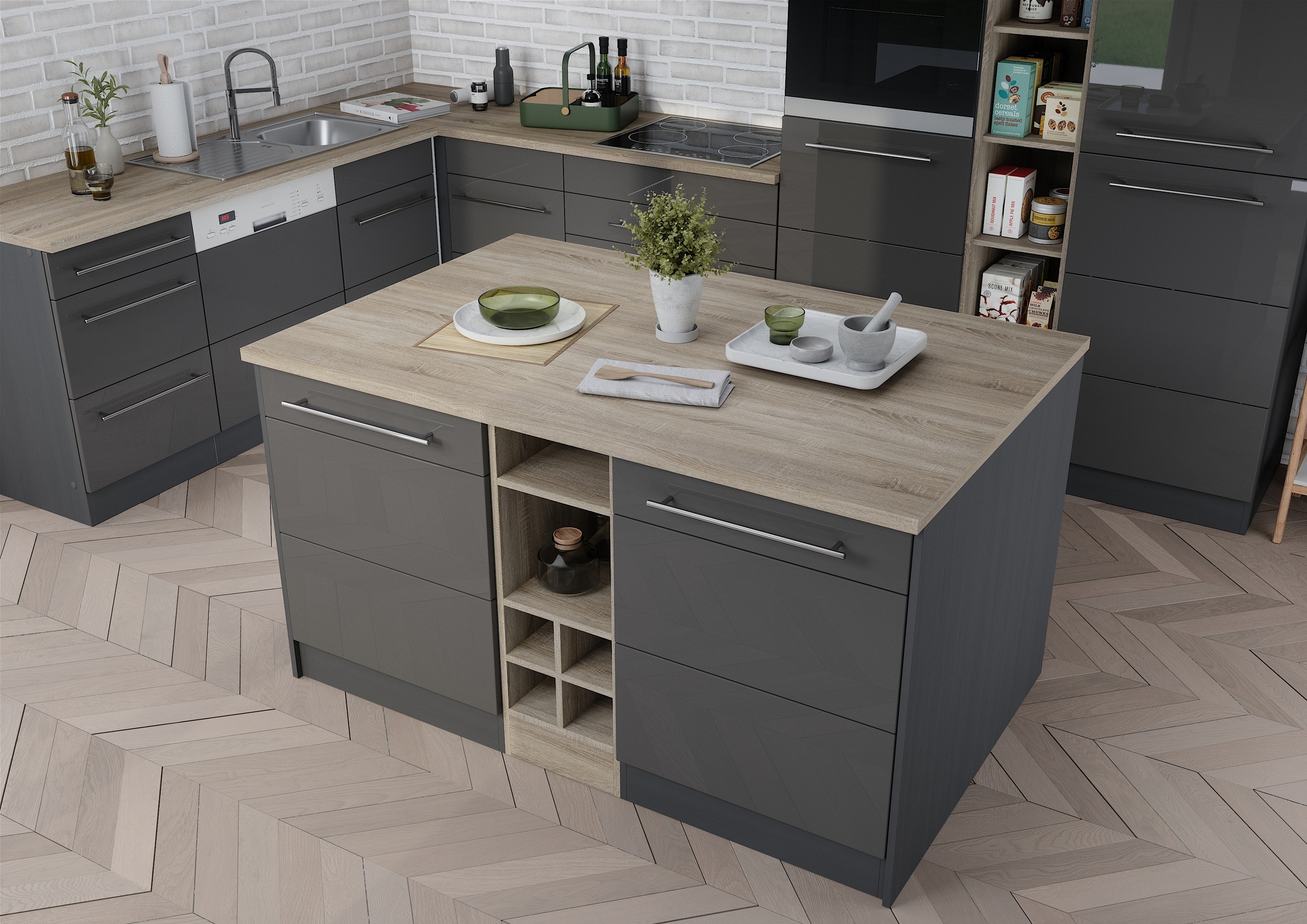 KOCHSTATION Kücheninsel »KS-Wien«, Breite 153 cm, MDF-Fronten, Flaschenregal