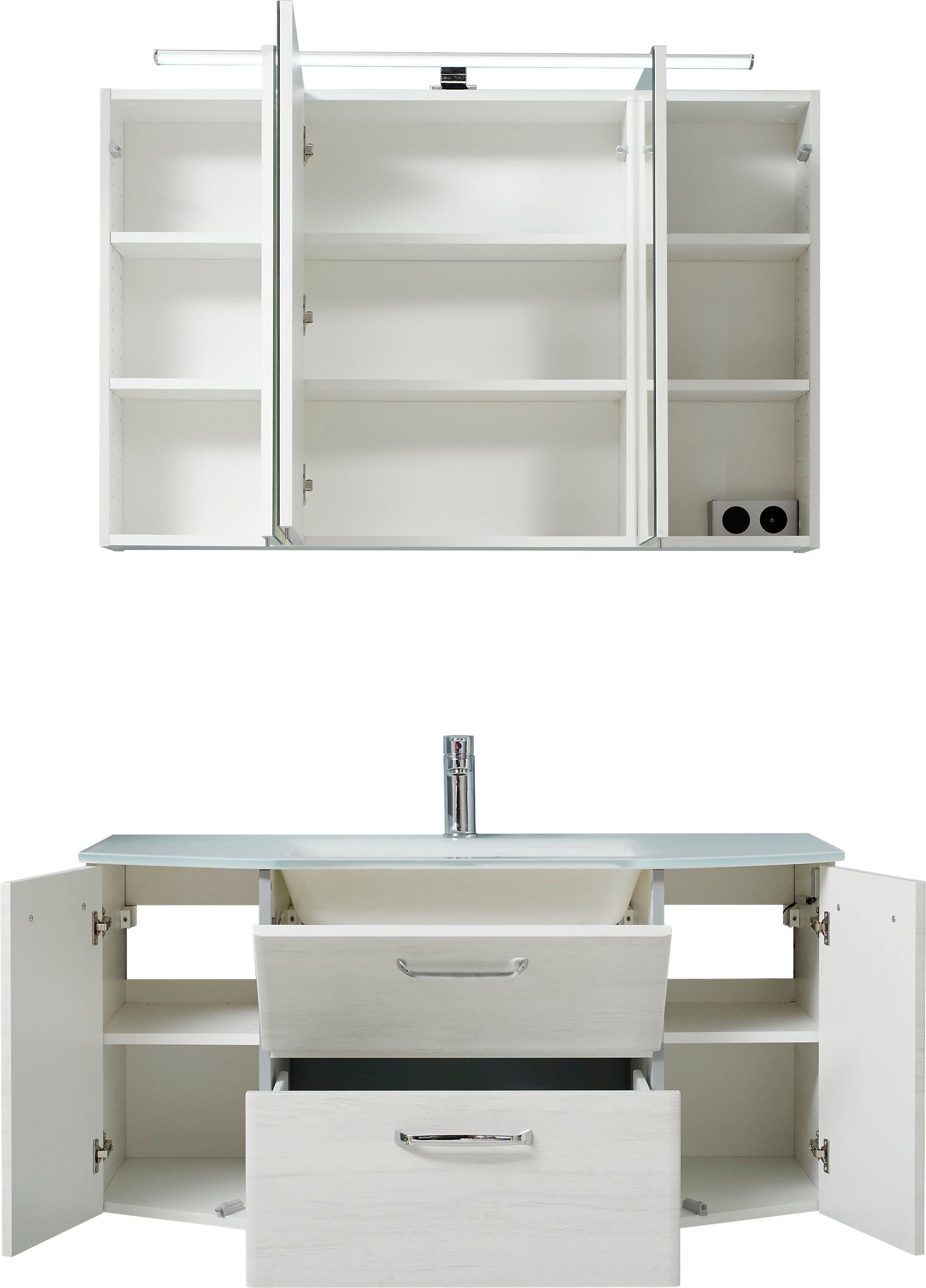 Saphir Badmöbel-Set »Quickset 2-teilig, Glas-Waschtisch mit LED-Spiegelschrank, 5 Türen«, (Set, 2 St.), Unterschrank mit Waschbecken, inkl. Türdämpfer, Griffe Chrom Glanz
