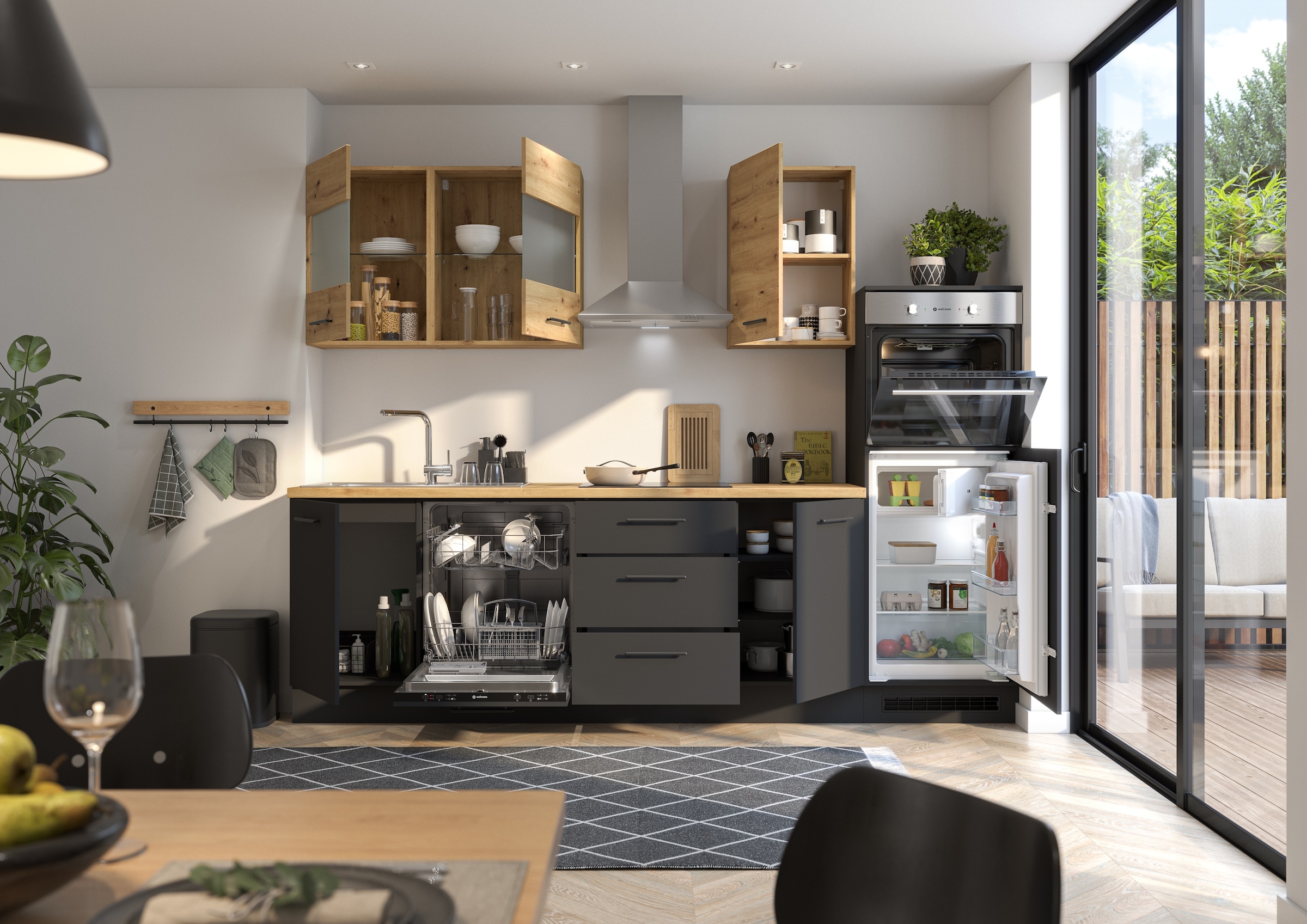 BASIC by Balculina Küchenzeile »Capri B/T/H 280x60x218 cm« Breite 280 cm, wahlweise mit edelstahlfb. oder schwarzen E-Geräten