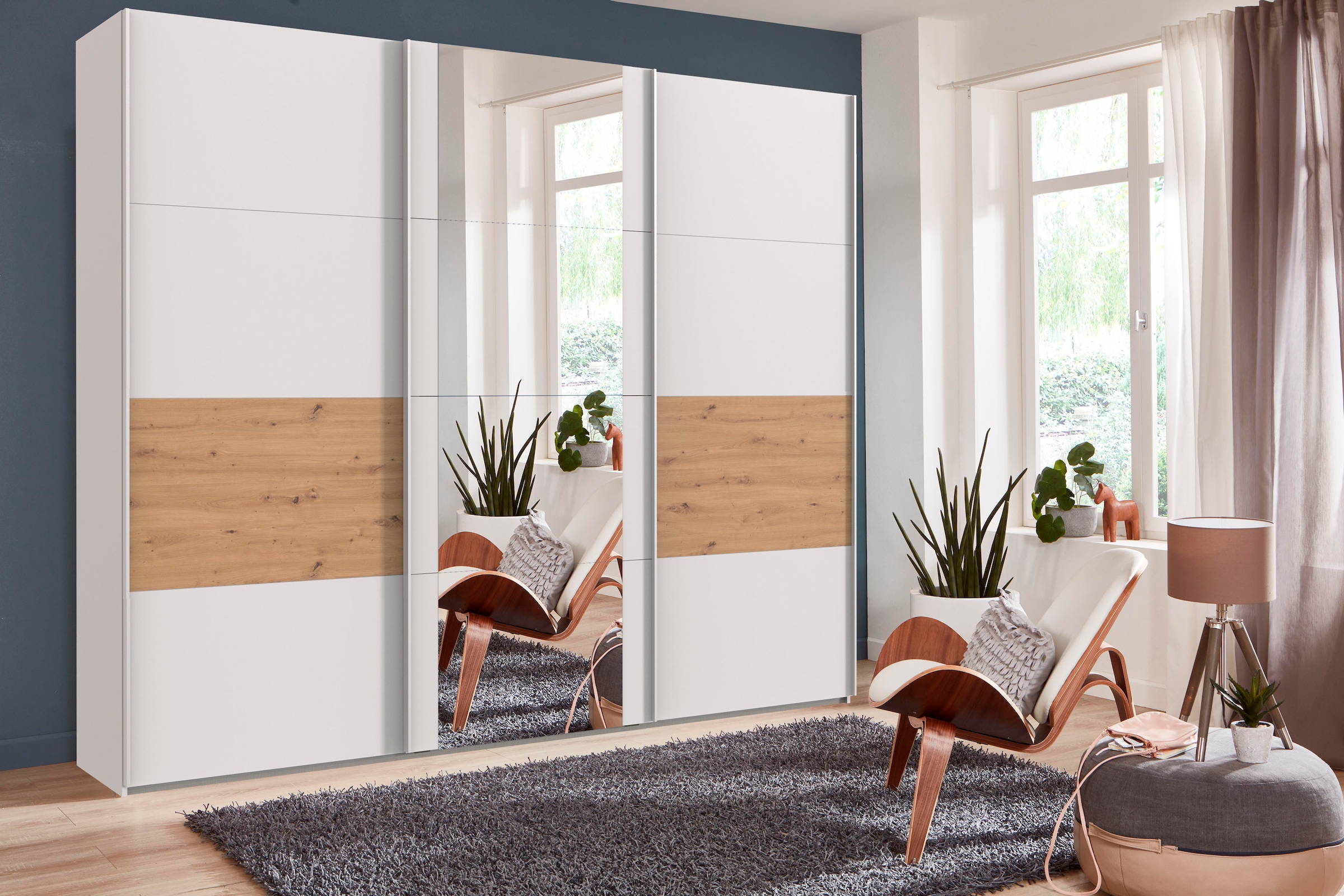 Wimex Schwebetürenschrank »Barmbek Schlafzimmerschrank BESTSELLER Garderobenschrank«, Kleiderschrank mit 2 Stoffboxen und 2 zusätzlichen Böden, Spiegeltür