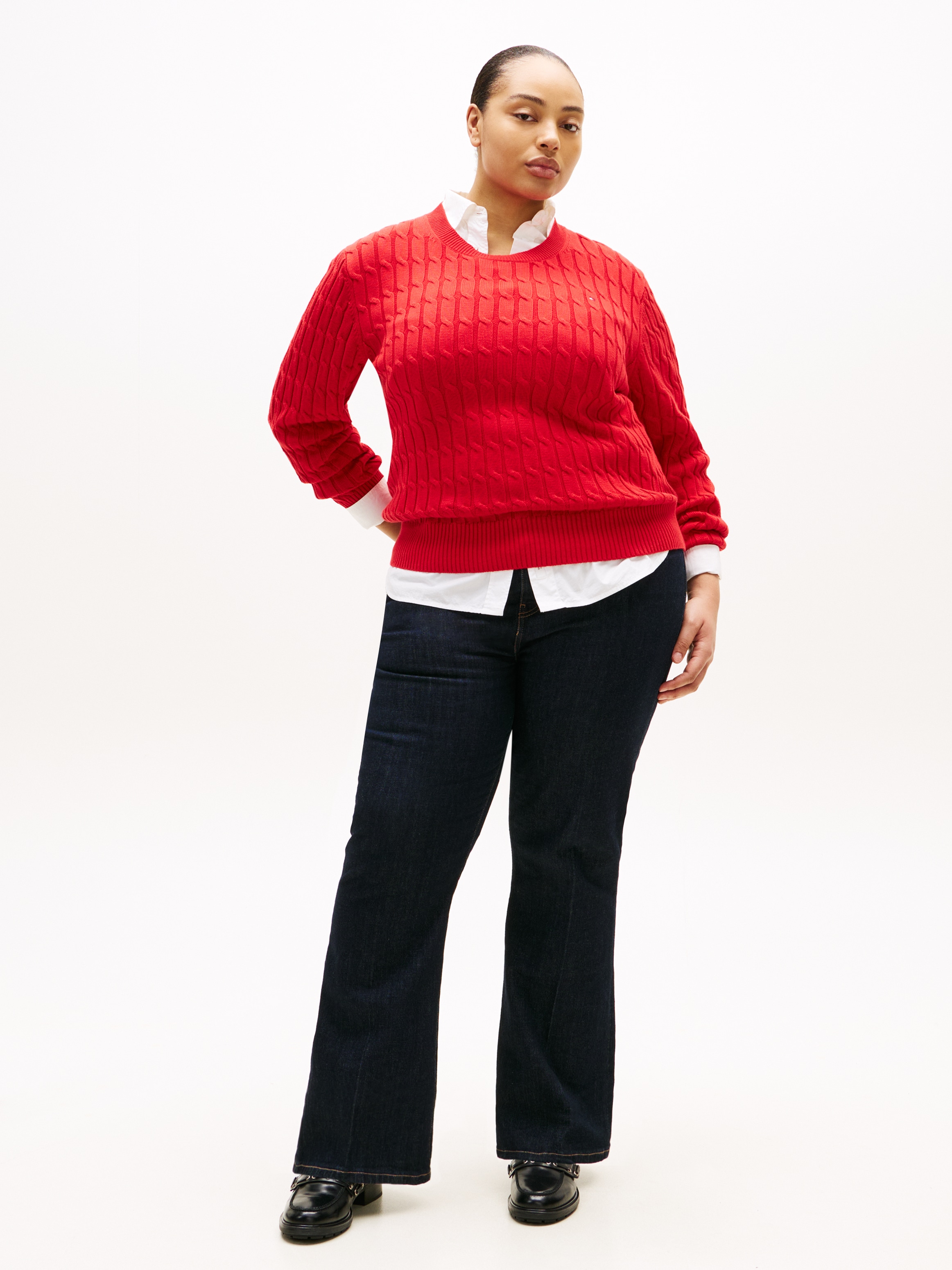 Tommy Hilfiger Curve Rundhalspullover »CRV CO CABLE MID GG C-NK LS SWT« in großen Größen, mit Zopfmuster