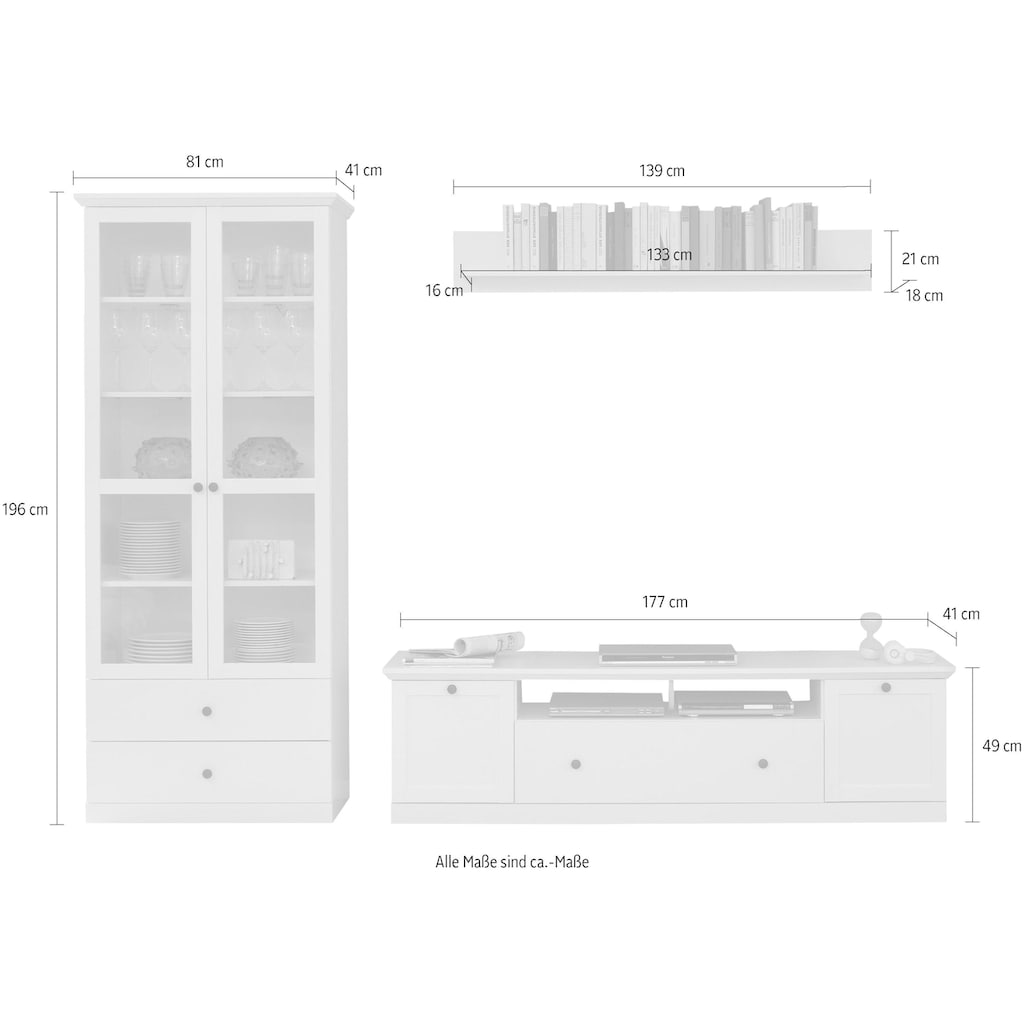 Home affaire Wohnwand »Örebro«, (Set, 3 St.), zeitloser Landhausstil, mit Vollauszug, Beleuchtung optional