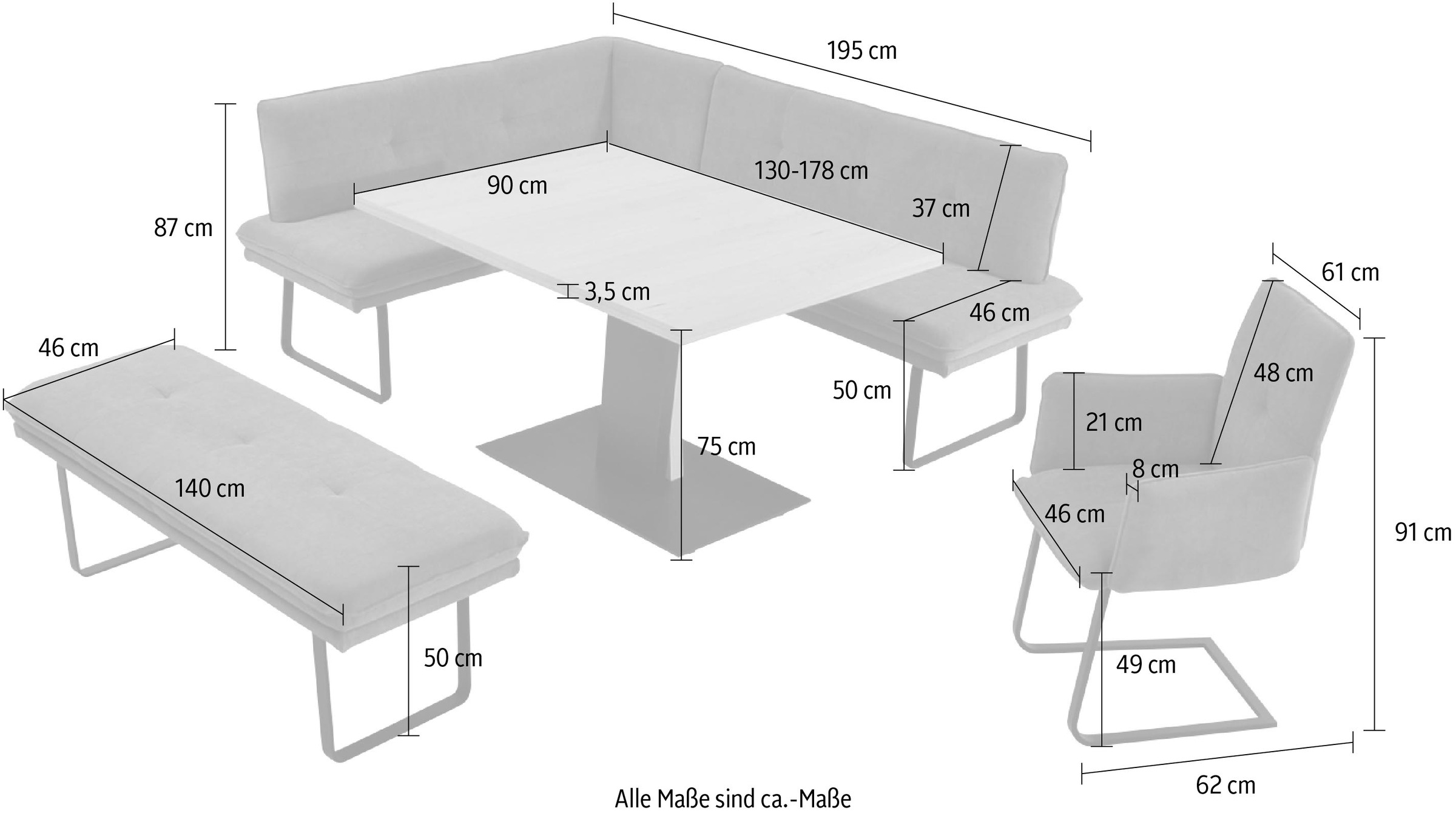 K+W Komfort & Wohnen Essgruppe »Giacomo III«, (4 tlg.), wahlweise links oder rechts langer Schenkel 207cm, Freischwingersessel