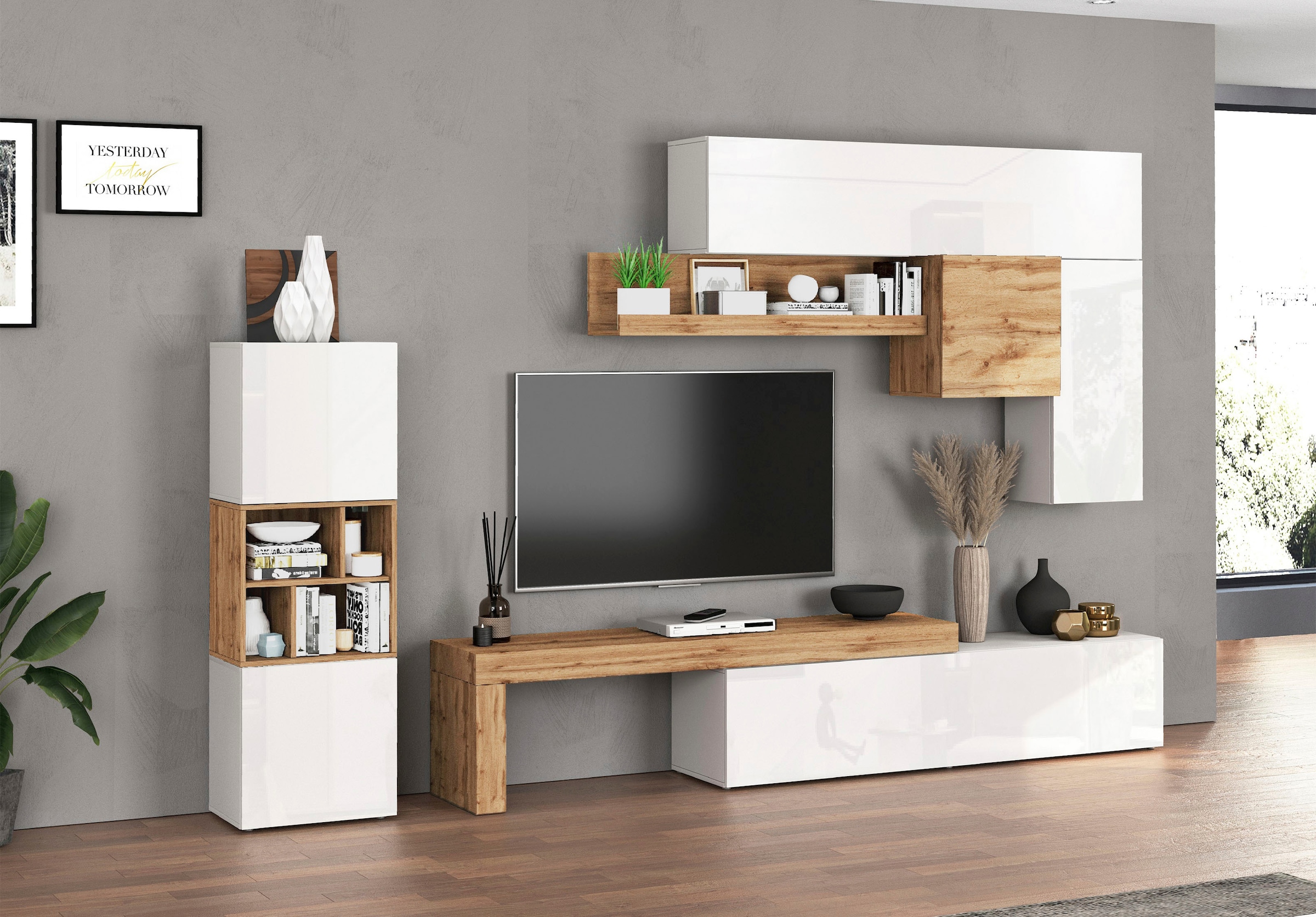 INOSIGN Wohnwand »Chronos Wohnwand, Medienwand, 8-er set«, (Set, 8 St.), ca. 320 cm mit Hängeschränke, Würfel, Regal, Lowboard, Made in Italy