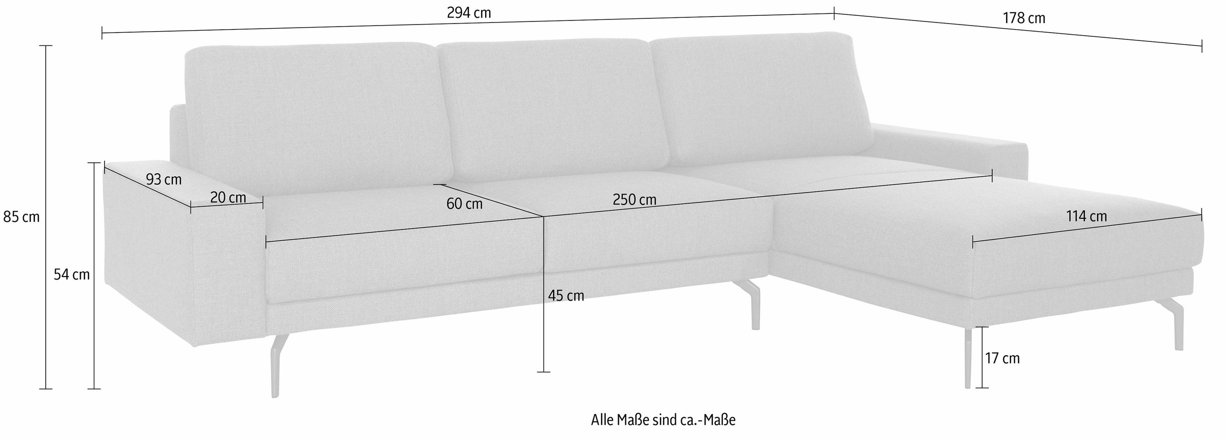 hülsta sofa umbragrau, in bestellen Ecksofa breit »hs.450«, Raten 294 auf cm und Armlehne Alugussfüße Breite niedrig