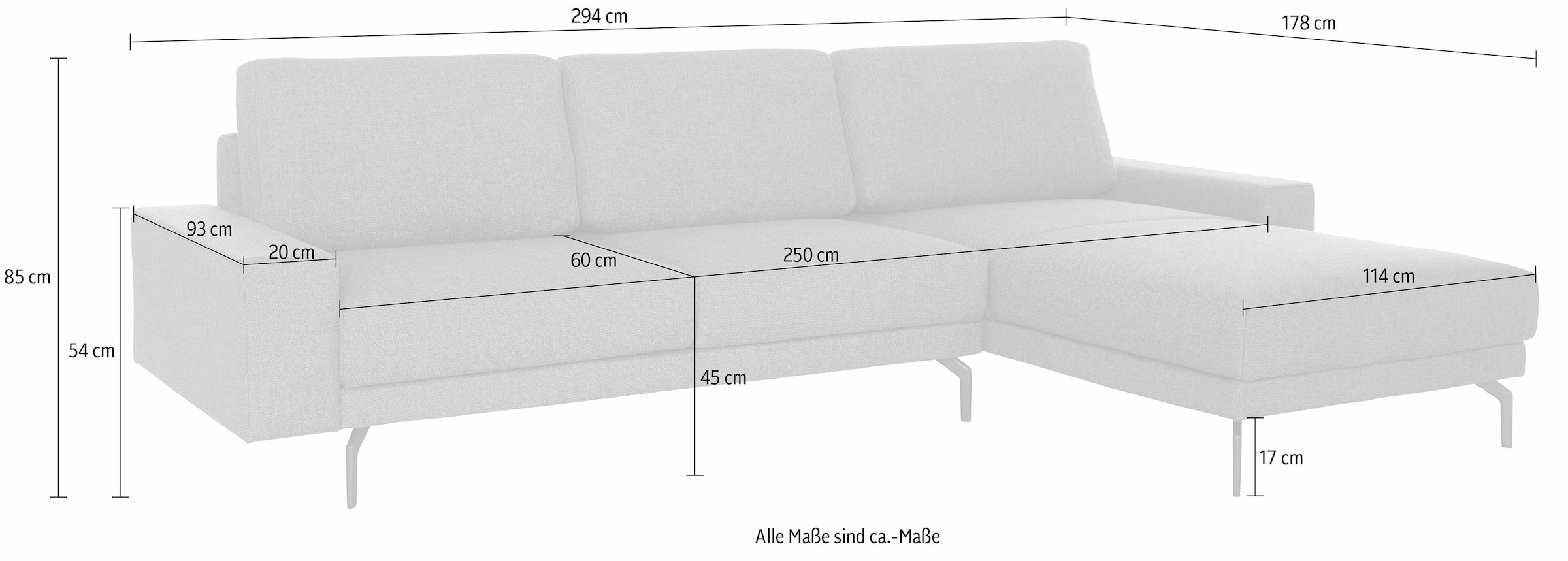 hülsta sofa umbragrau, in bestellen Ecksofa breit »hs.450«, Raten 294 auf cm und Armlehne Alugussfüße Breite niedrig