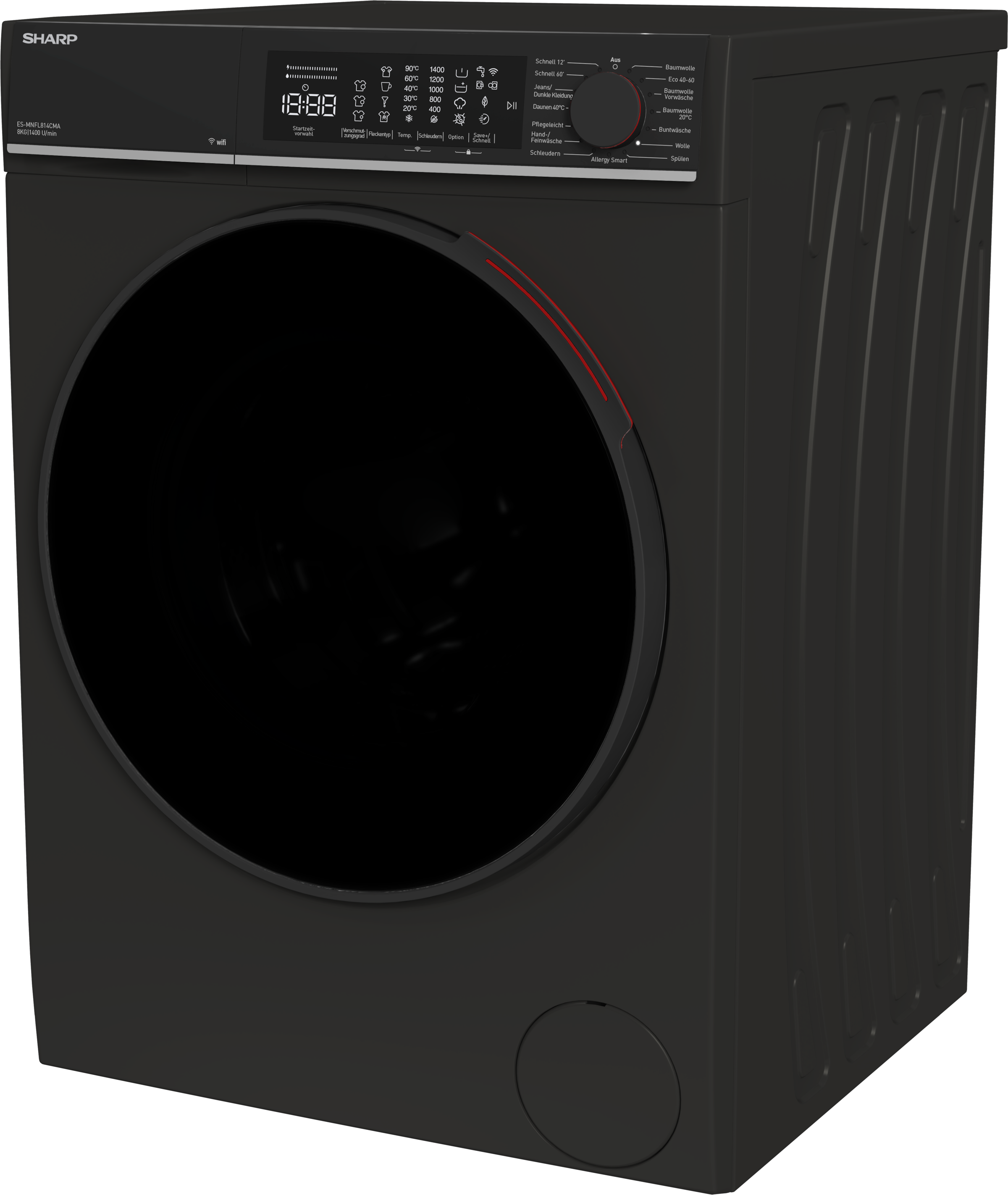 Sharp Waschmaschine Microfiber »ES-MNFL814CMA-DE«, 8 kg, 1400 U/min, 8kg / +WIFI / Microfiber / A / Fulltouch / Steam /
Mat Black