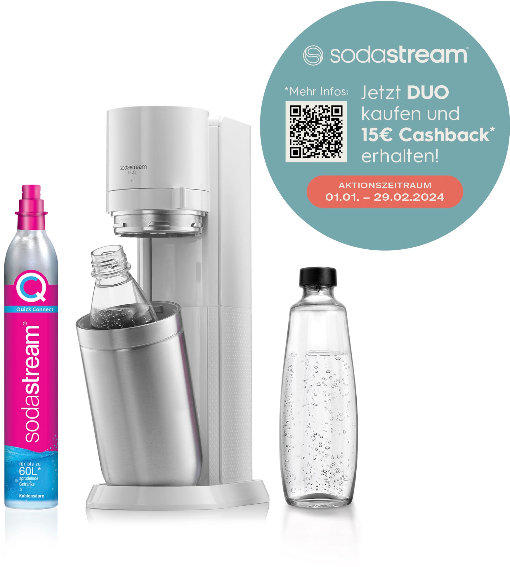 SodaStream Wassersprudler »DUO«, (Set, 4 CO2-Zylinder, 1L 1x online 1L mit Glasflasche und 1x spülmaschinenfeste Kunststoff-Flasche tlg.), bestellen