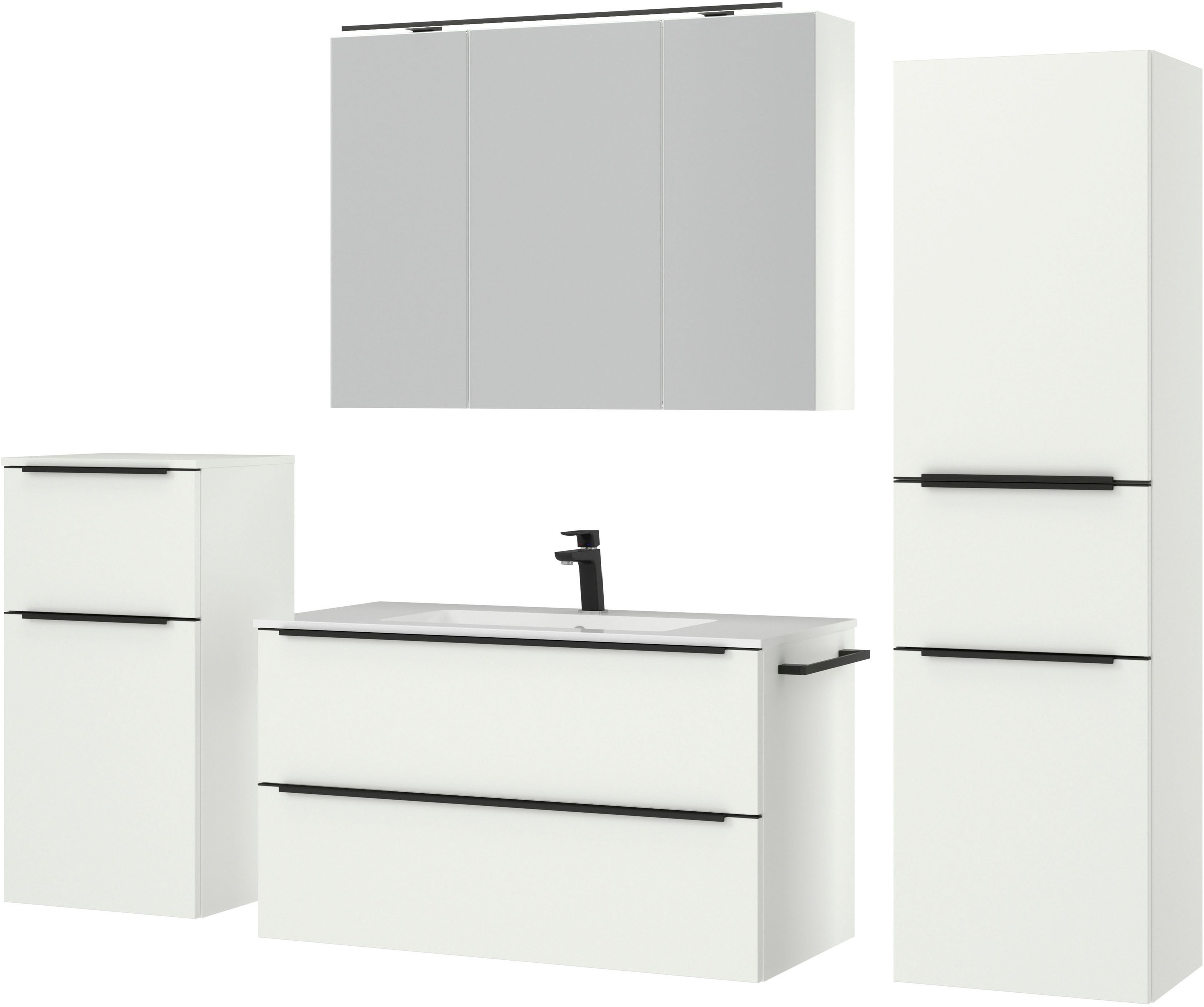 nobilia® Badmöbel-Set »Levere«, (4 St., vormontiert, mit Soft-Close), inkl. Spiegelschrank mit Beleuchtung und Dimmerfunktion, in 4 Breiten