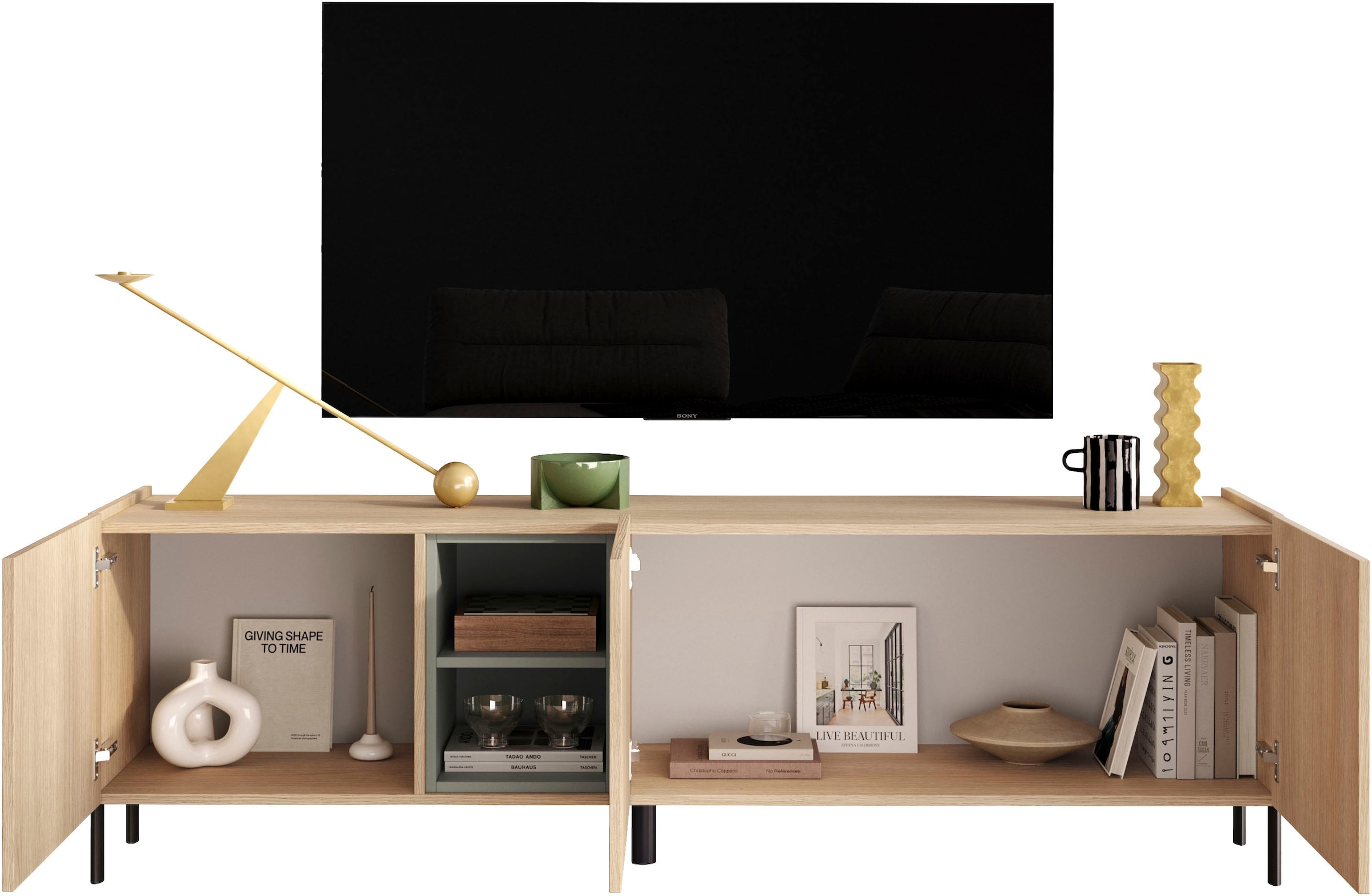 OTTO home Lowboard »Badia, 182 cm breit, 3 Türen, Mediaboard, TV-Schrank« Innenliegendes Top, gerade Metallfüße, salbeigrüne Farbakzente