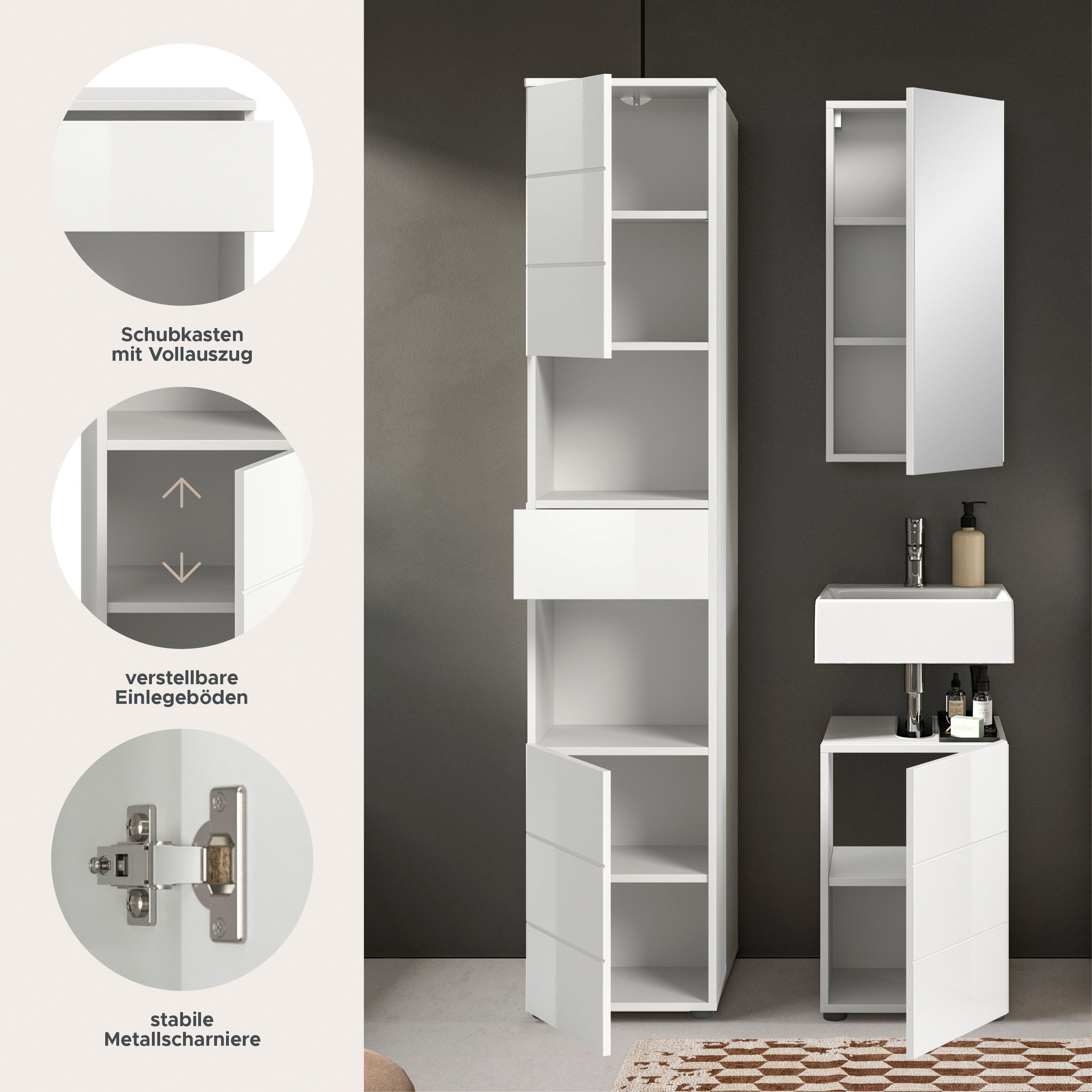 welltime Badmöbel-Set »Biel, Höhe 190 cm, Hochschrank, Unterschrank, Spiegelschrank«, (3 St.), Bad Set, modernes Design, Hochschrank, Unterschrank, Spiegel