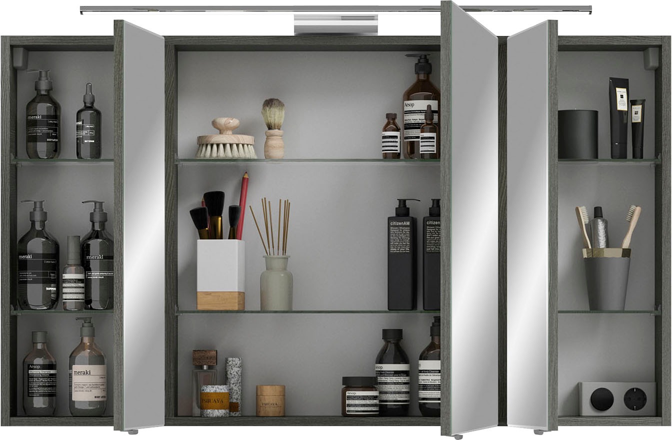 Saphir Badmöbel-Set »6005 Sprint Keramik-Waschtisch mit LED-Spiegelschrank, 122 cm breit«, (2 St.), Waschplatz inkl. Türdämpfer, 3 Türen, 2 Schubladen, Waschtisch Set