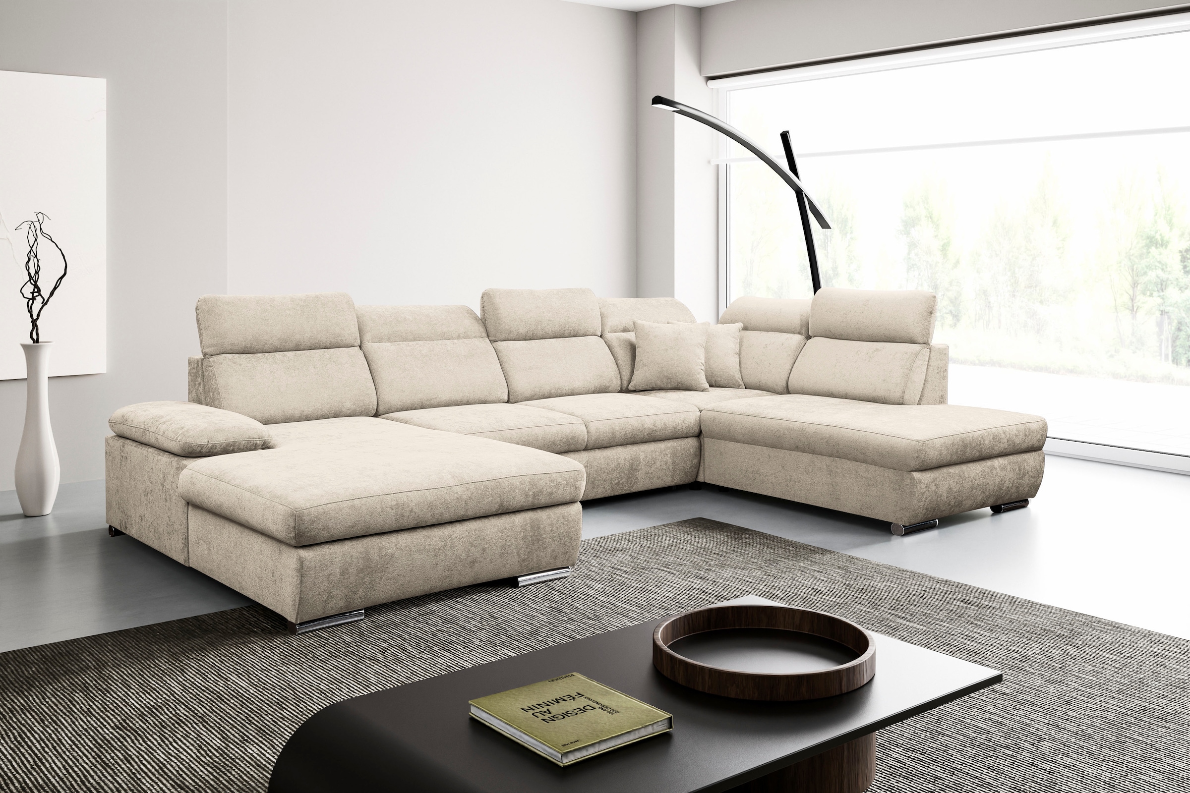 WERK2 Wohnlandschaft »Cordoba inkl. Bett & Bettkasten, Kopfteilverstellung, zeitlos, elegant« Struktur, U-Form, XXL, Schlaffunktion, Bettkasten
