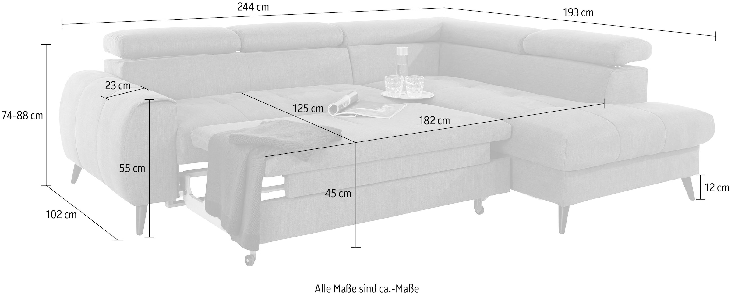 COTTA Ecksofa »Mia L-Form mit 3 Zierkissen«, wahlweise mit Bettfunktion, Bettkasten, Beleuchtung & Wireless-Charger