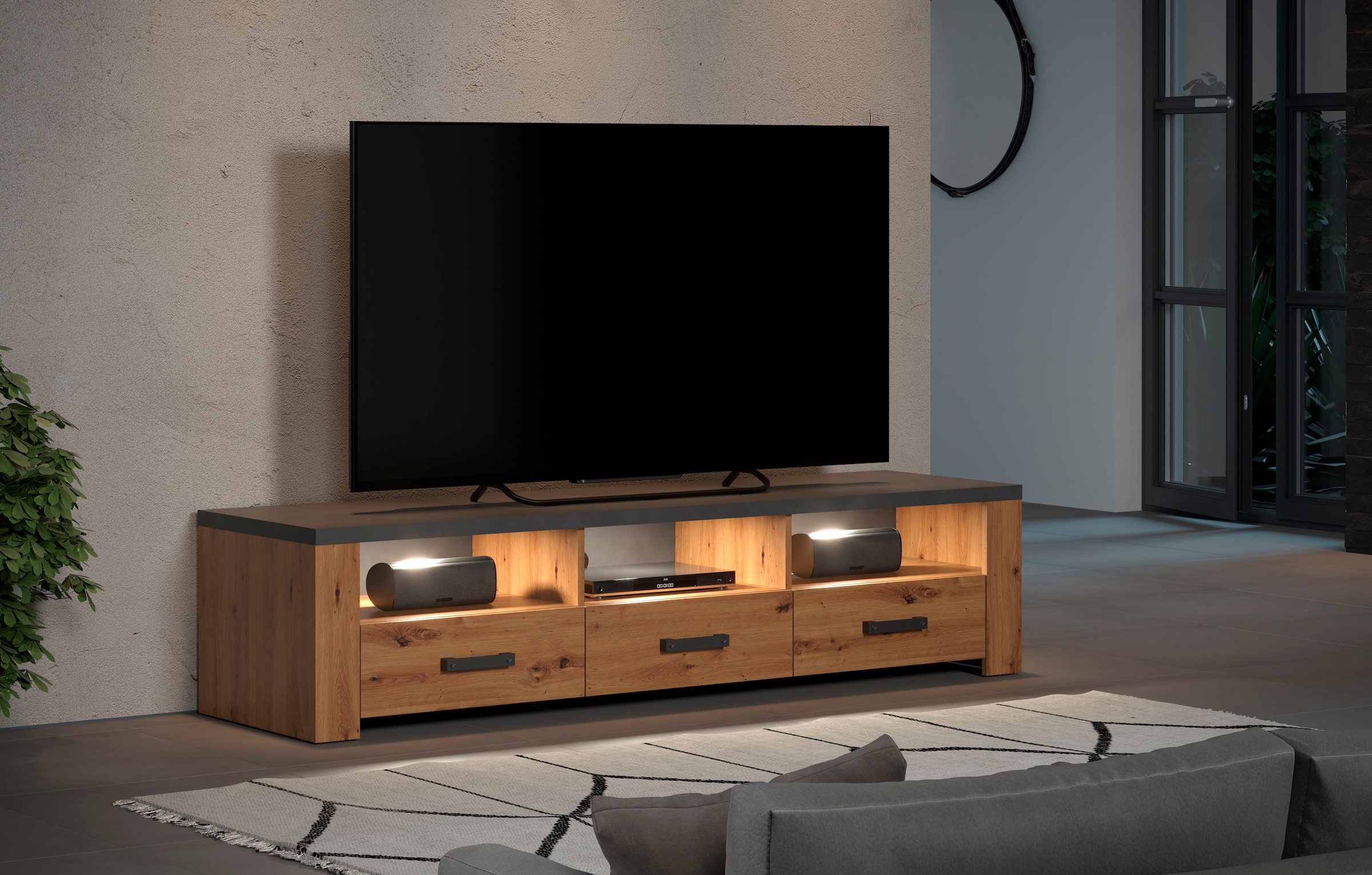 Home affaire TV-Board »Ambres«, (1 St.), TV-Tisch in matter Echtholzoptik, mit 3 offenen Fächern, Breite 180 cm