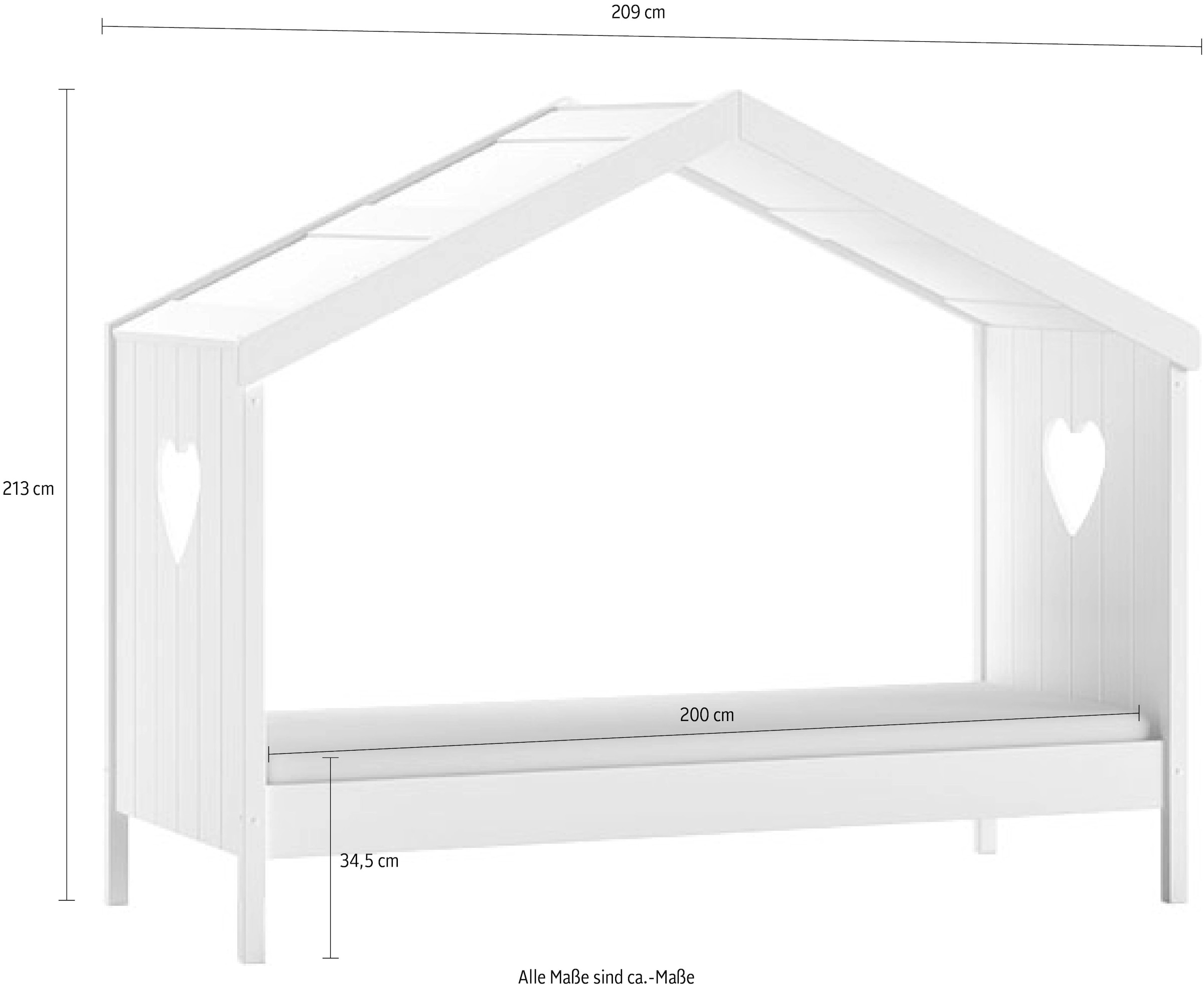 Vipack Hausbett »Amori, inkl. Dach, Rückseitig offen, mit Rolllattenrost«, (B/H/T ca. 213x171,7x98,7cm, verspielte Herz-Ausschnitte seitlich), wahlweise, mit oder ohne Schublade und Absturzschutz, weiß lackiert