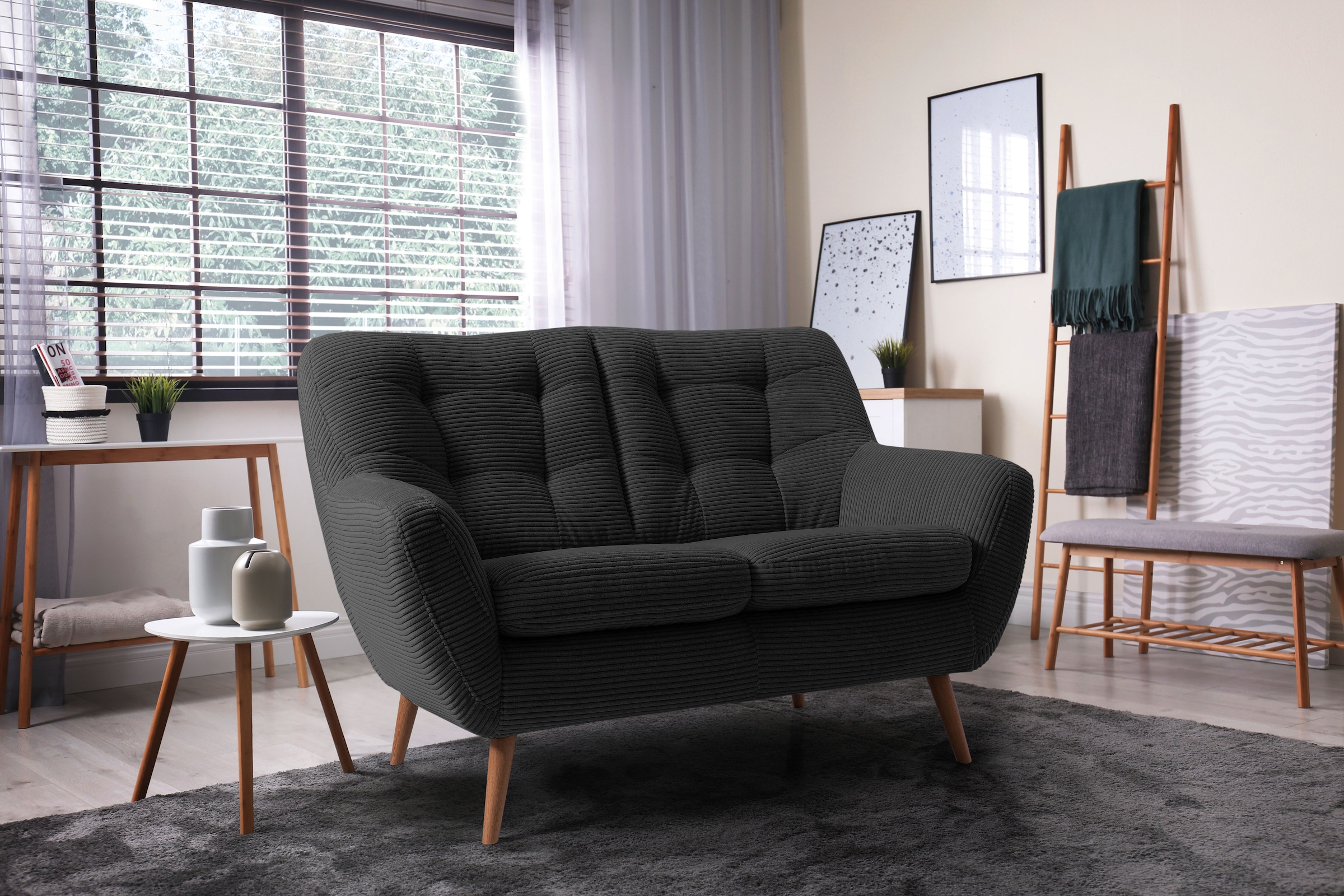 exxpo - sofa fashion 2-Sitzer »Scandi, bequem, aufwendige Rückenpolsterung für mehr Sitzkomfort«, akuelle Farben in hochwertige Bezugsqualitäten, Holzfuß
