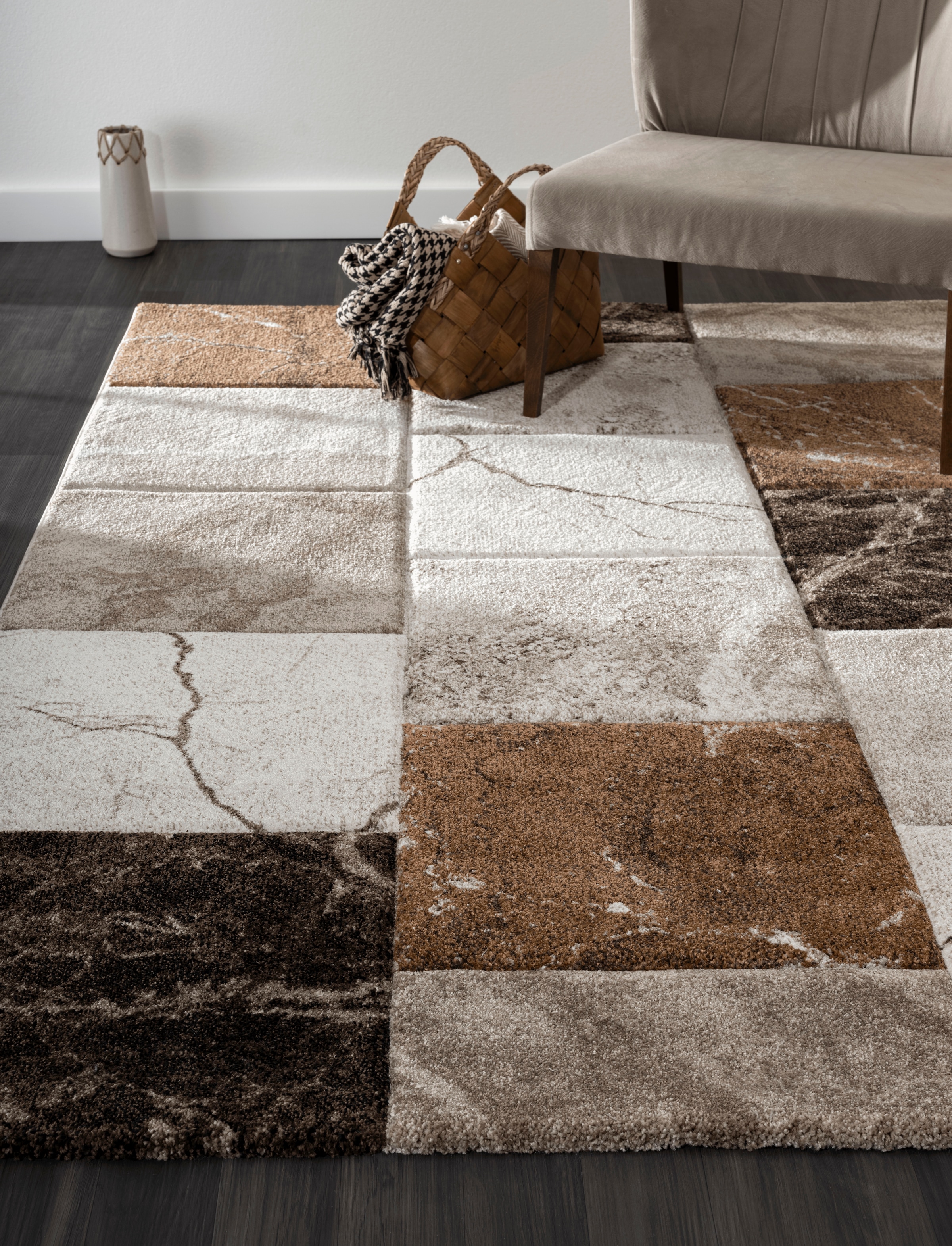 my home Teppich »Natal«, rechteckig, weiche Haptik, Teppich in Marmor-Look,  Hoch-Tief-Effekt, Karo-Muster bequem und schnell bestellen