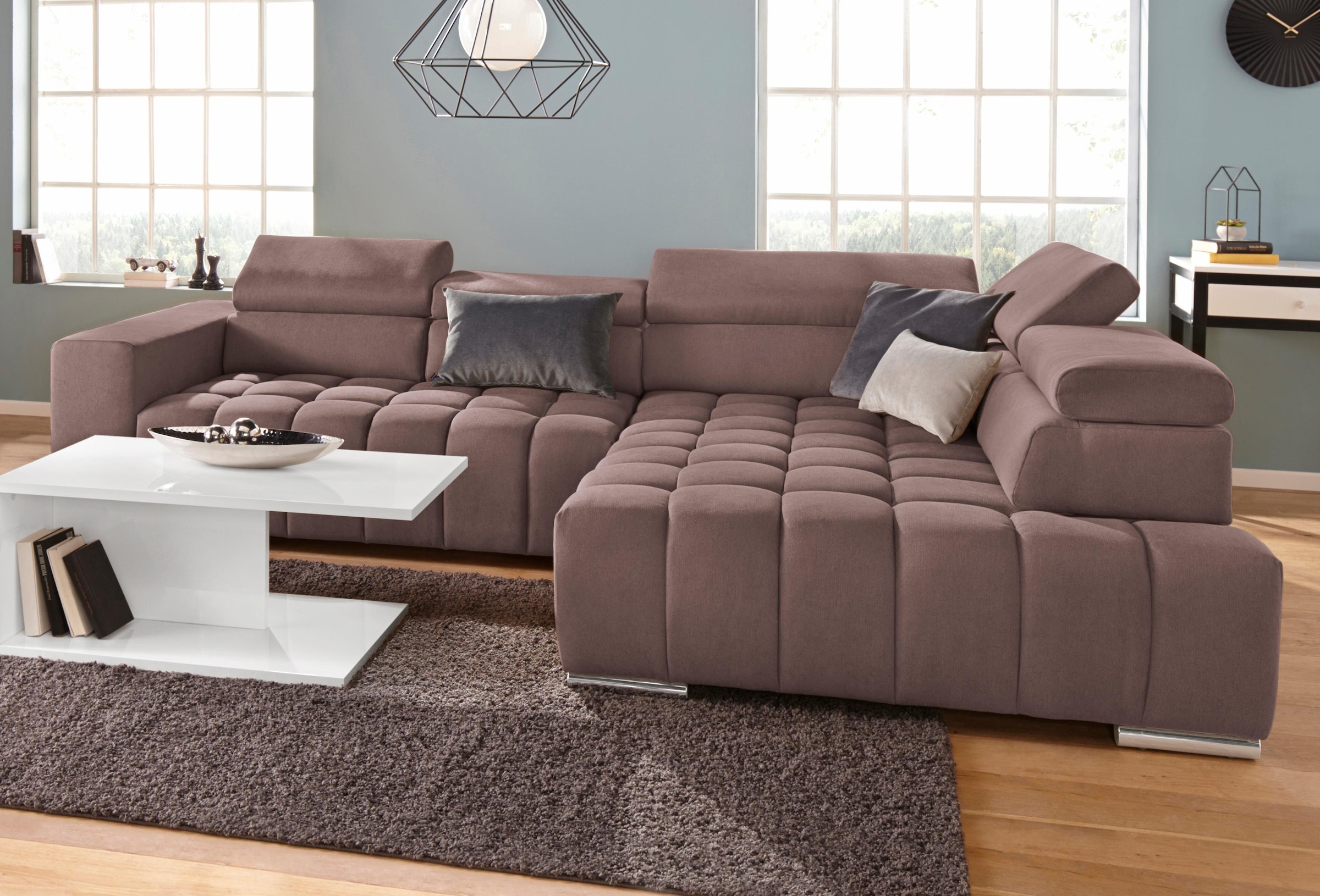 exxpo - sofa fashion Ecksofa »Elias, aktuelle Kreuzsteppung im Sitz, bequem, L-Form«, mit Kopf- bzw. Rückenverstellung, wahlweise mit Bettfunktion