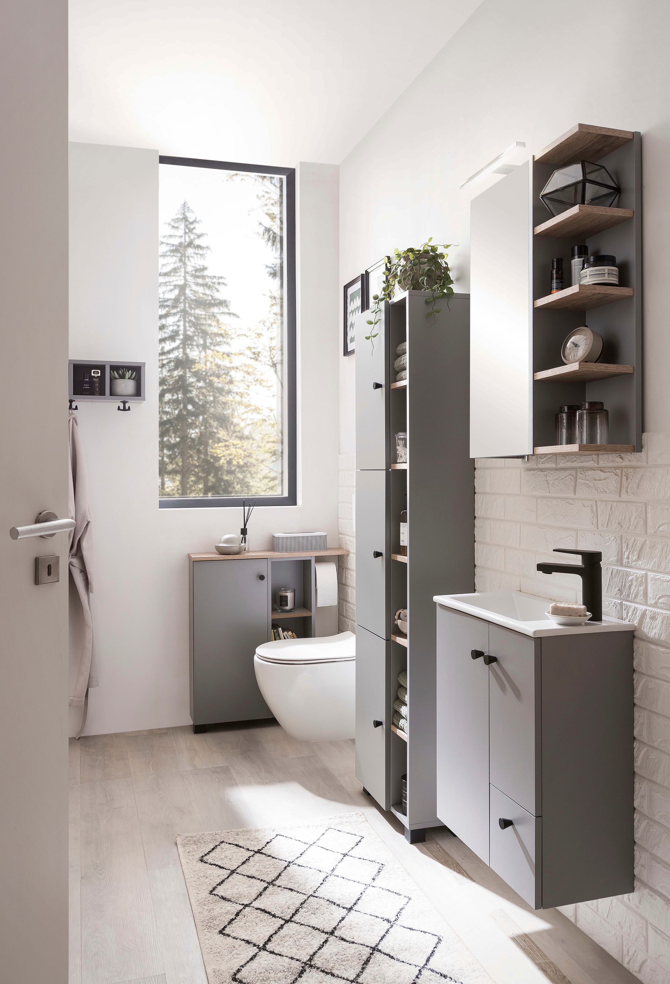 WELLTIME Wandregal »Balto, 59 cm« Vier offene Fächer, Kleiderhaken aus Metall platingrau