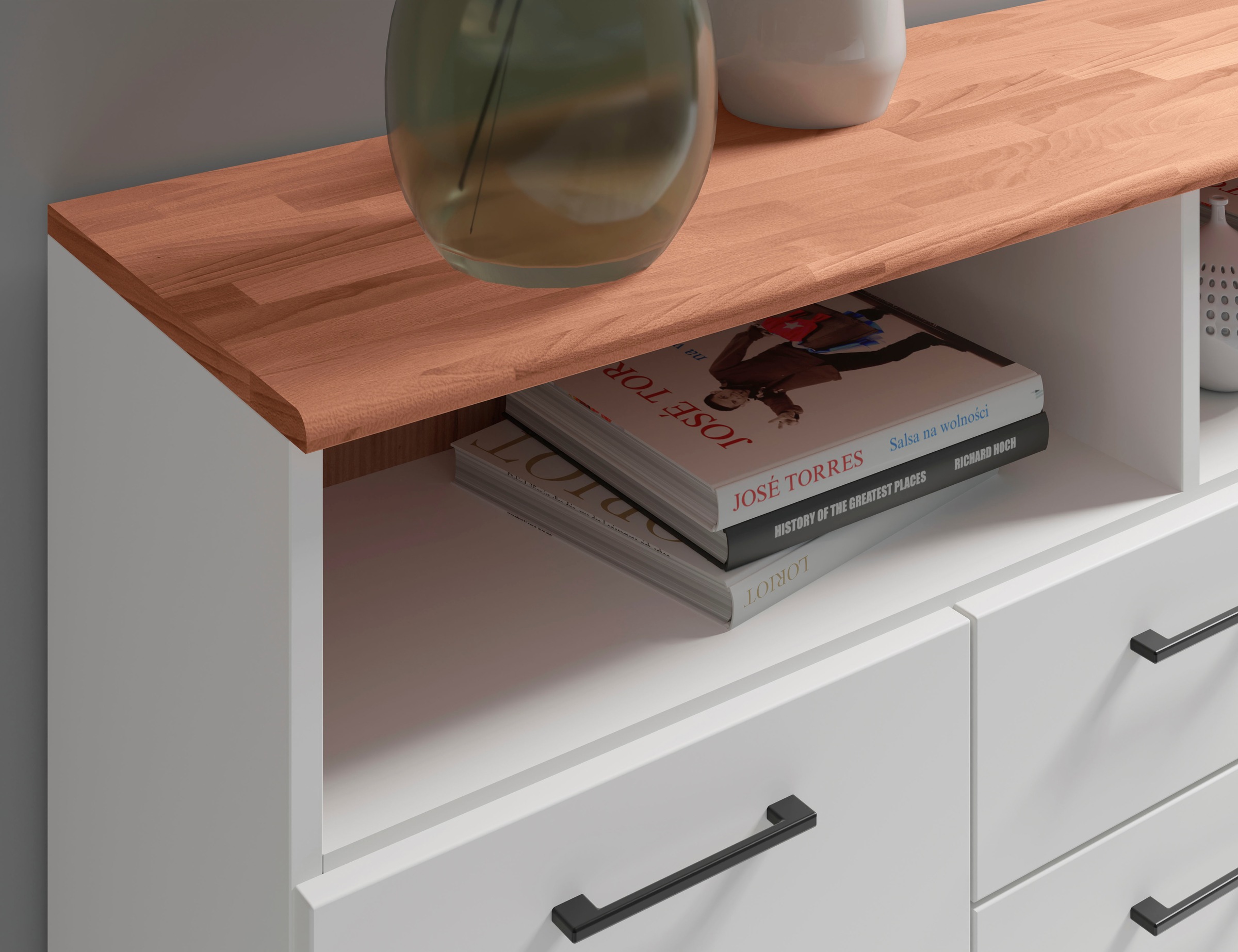 Home affaire Sideboard »Ribe,130cm breit,80cm hoch,Oberplatte Holz massiv,6 Fächer«, Oberplatte Kernbuche massiv,schwarze Metall Griffe