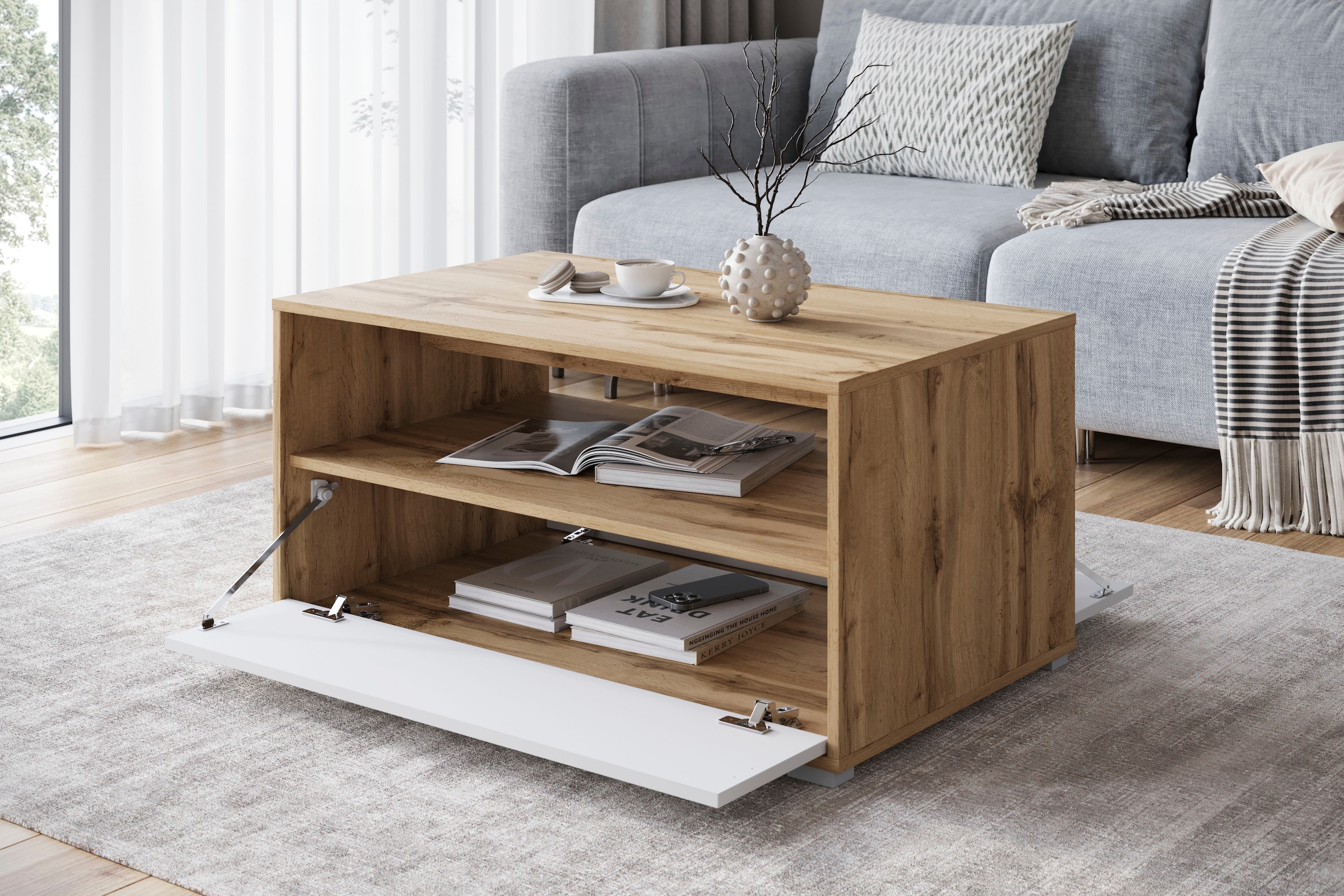 INOSIGN Couchtisch »Kenia«, (1 St.), Rechteckiger Kaffeetisch, 90x55 cm, mit offenem und geschlossenem Fach