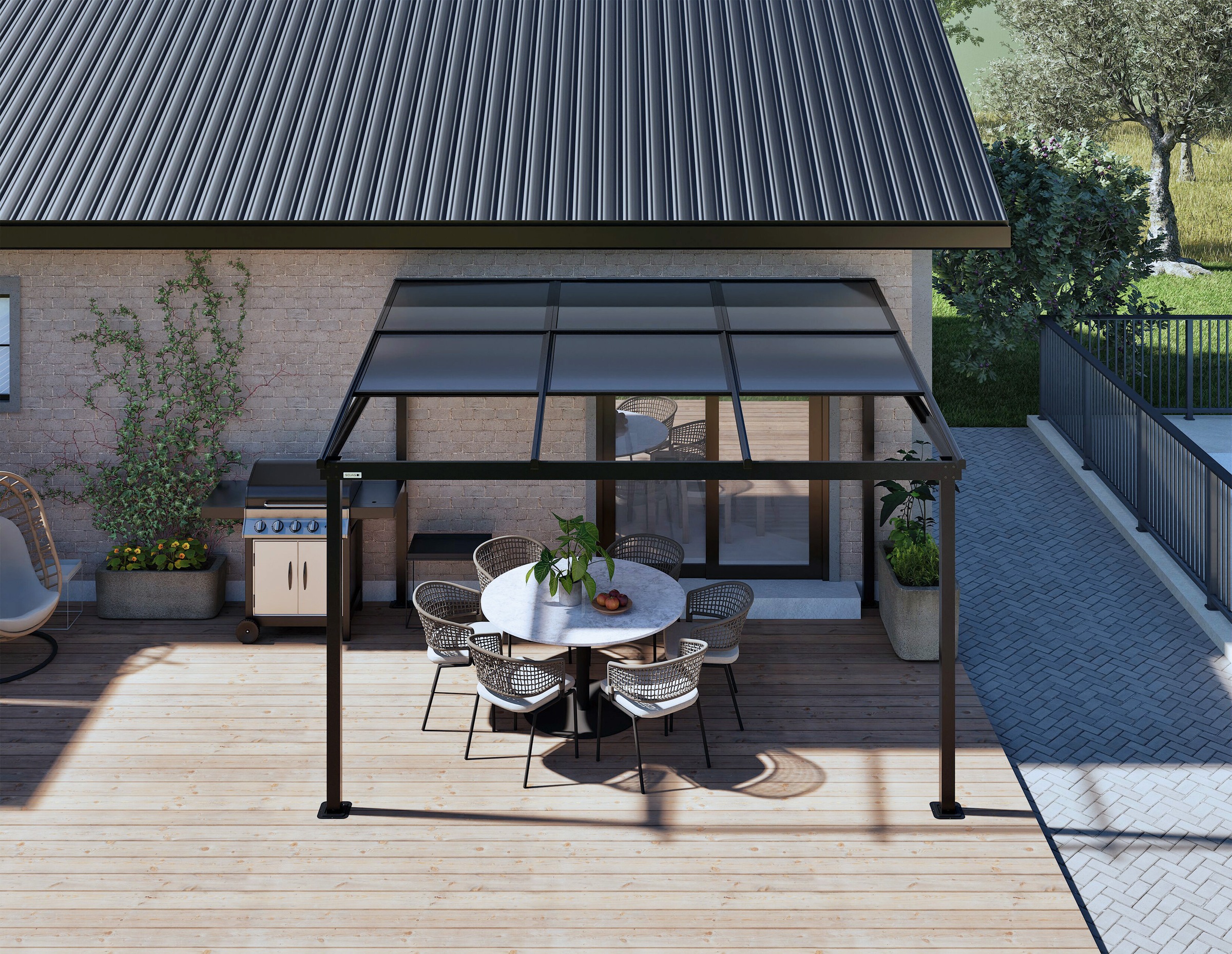 Sojag Terrassendach »Terrassenüberdachung Budavar Schwarz« Inkl. Moskitonetzen & Vorhängen
