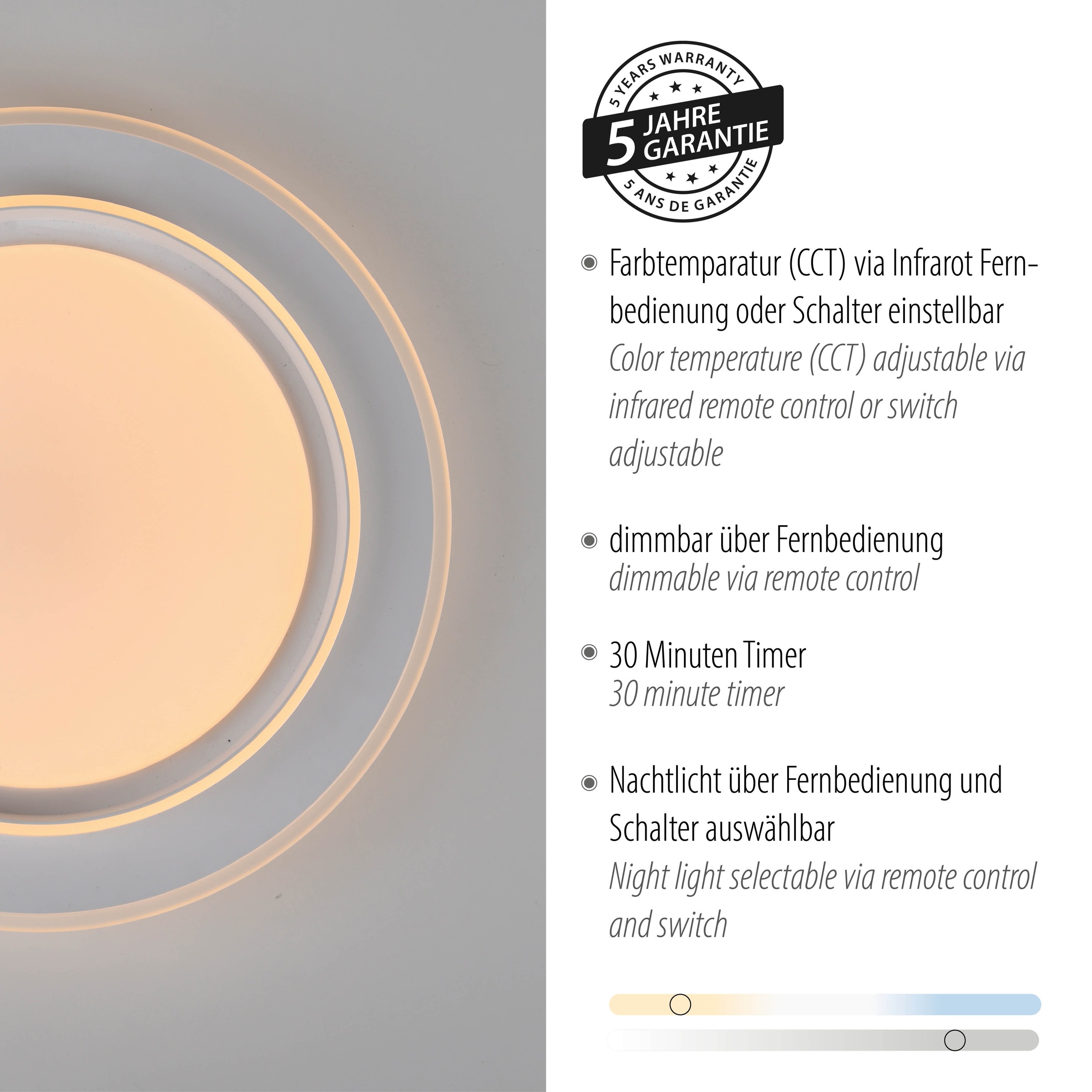 JUST LIGHT LED Deckenleuchte »LAGO« LED-Board 1 Stk. warmweiß - kaltweiß CCT-Farbtemperatursteuerung, Infrarot-FB, Stufenlos dimmbar, Memory