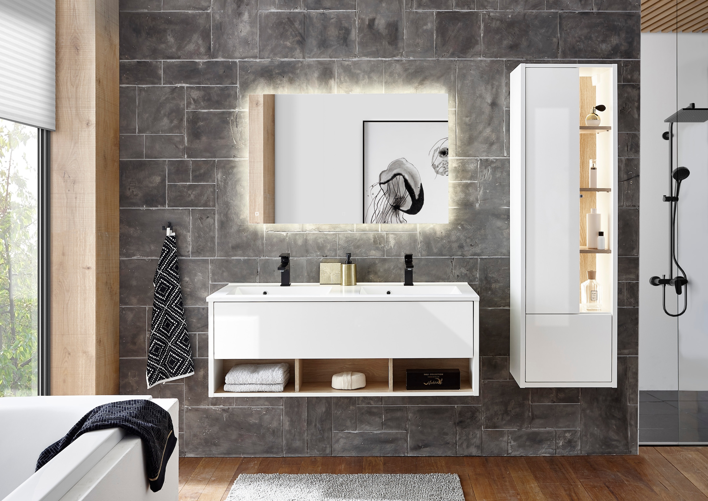 Places of Style Badmöbel-Set »Studio Line, Bad im modernen Design, 3-teiliges Badezimmer«, (3 St.), Schrank, Waschtisch und Spiegel, in zwei Farben verfügbar, Stauraum