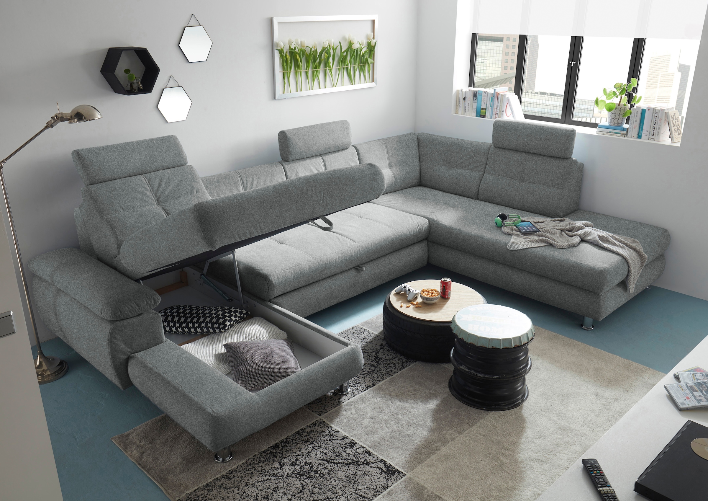 ED EXCITING DESIGN Wohnlandschaft »Alba U-Form«, mit Bettfunktion, Bettkasten, Armteilverstellung & Kopfstützen