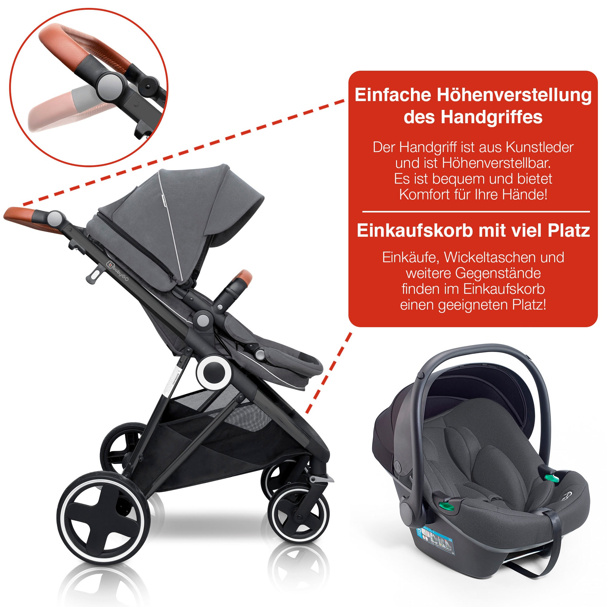 BabyGo Kombi-Kinderwagen »Halime 3in1«, inklusive Babywanne, Babyschale, Regenhaube & Wickeltasche