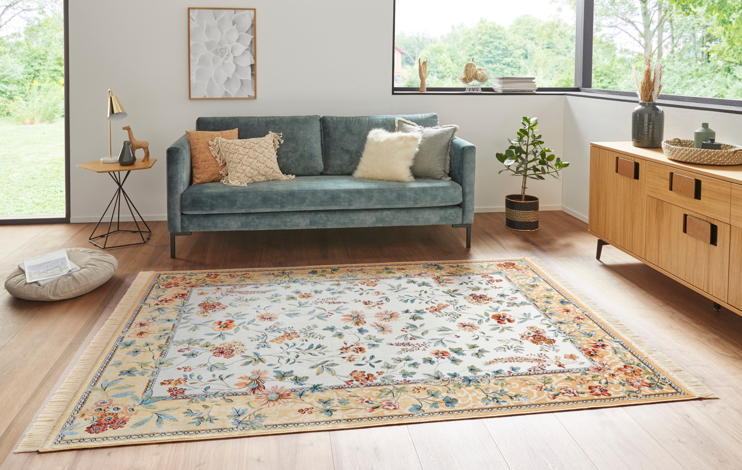 NOURISTAN Teppich »Orient Flowers«, rechteckig, 5 mm Höhe, Kurzflor mit Fransen, Orient, Wohnzimmer, Schlafzimmer, Esszimmer