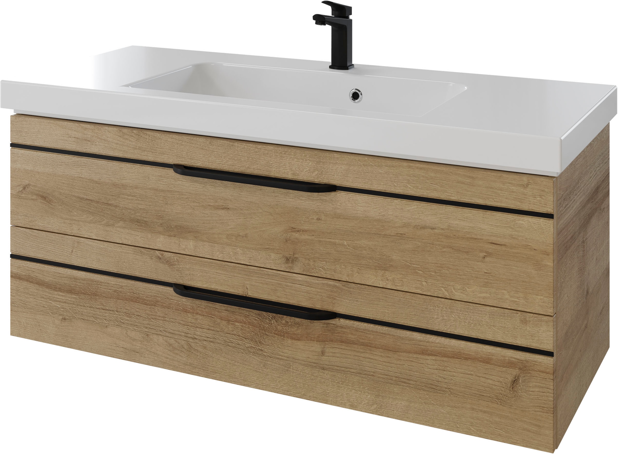 Saphir Badmöbel-Set »Balto 2-teilig Mineralmarmor-Waschtisch mit LED-Spiegel, 123 cm breit«, (2 St.), Waschplatz mit 2 Schubladen, Badschrank inkl. Schubladendämpfer