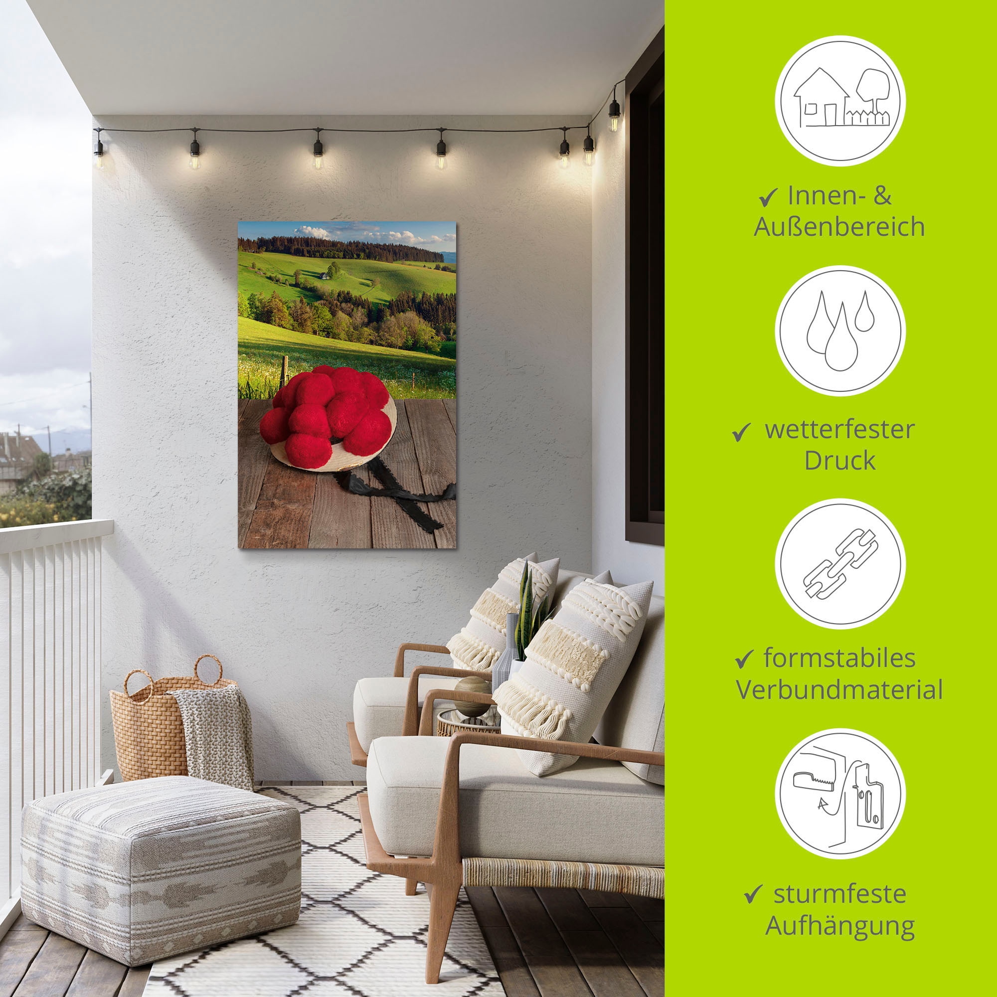 Artland Wandbild »Schwarzwälder Bollenhut auf Holztisch«, Wiesen & Baumbilder, (1 St.), als Alubild, Outdoorbild, Leinwandbild in verschied. Größen