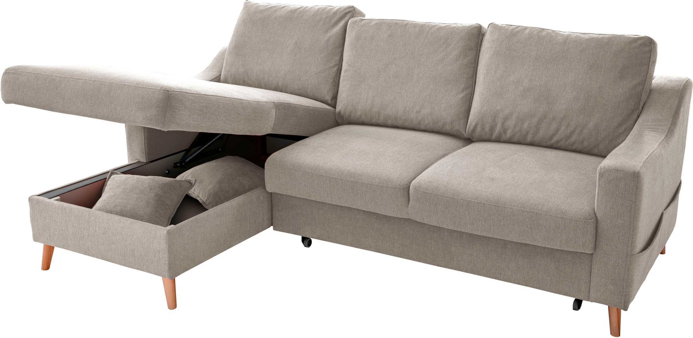 INOSIGN Ecksofa »Valentina L-Form«, 2 Zierkissen, mit Seitentasche, ausziehbarer Liegefläche, Bettkasten