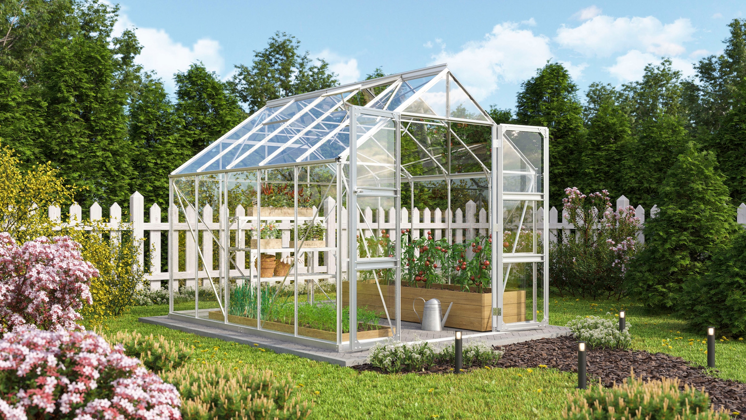 VITAVIA Gewächshaus »Domus 8300« Doppelschwingtüren und bodentiefer Türschwelle, 3 mm Sicherheitsglas silberfarben