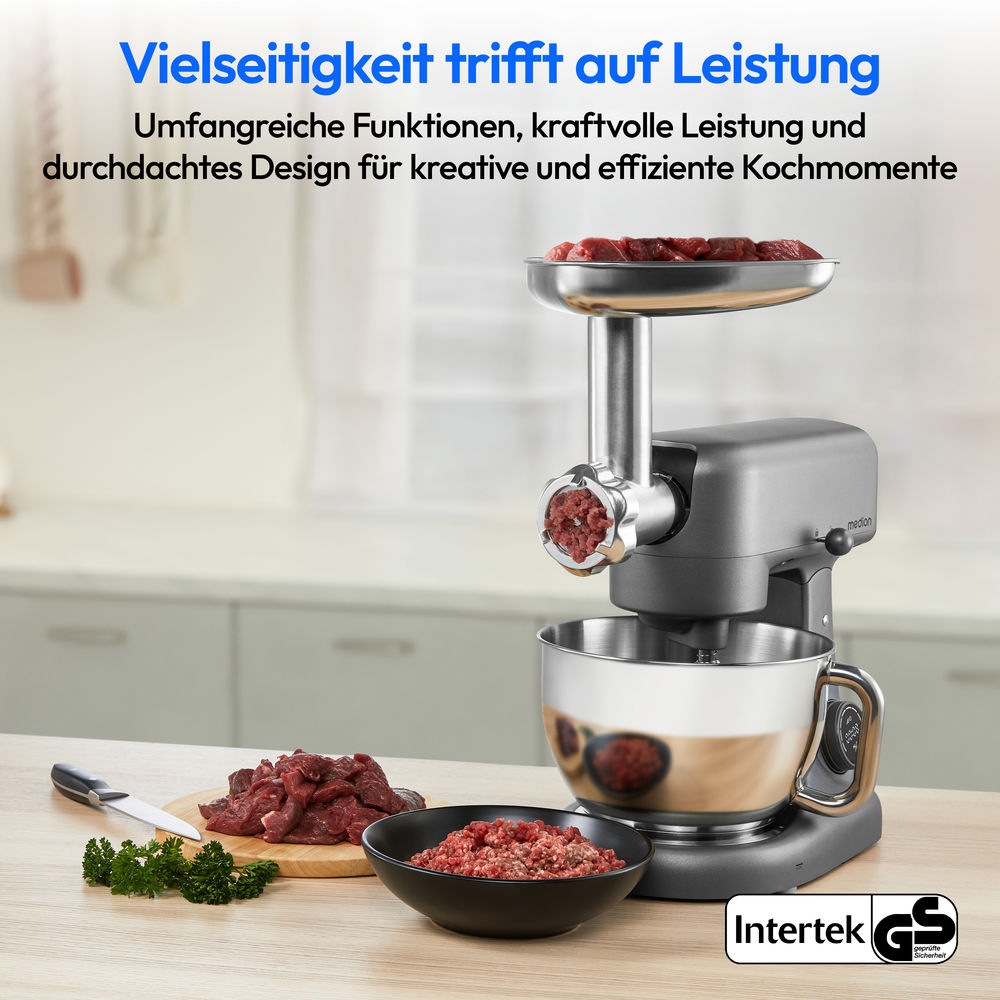Medion® Küchenmaschine »MD 12600, 8 Geschwindigkeitsstufen, Impulsfunktion, DC-Motor, 4,6 L«, Mit umfangreichem Zubehör-Set, Fleischwolf-Aufsatz, Gemüsereibe