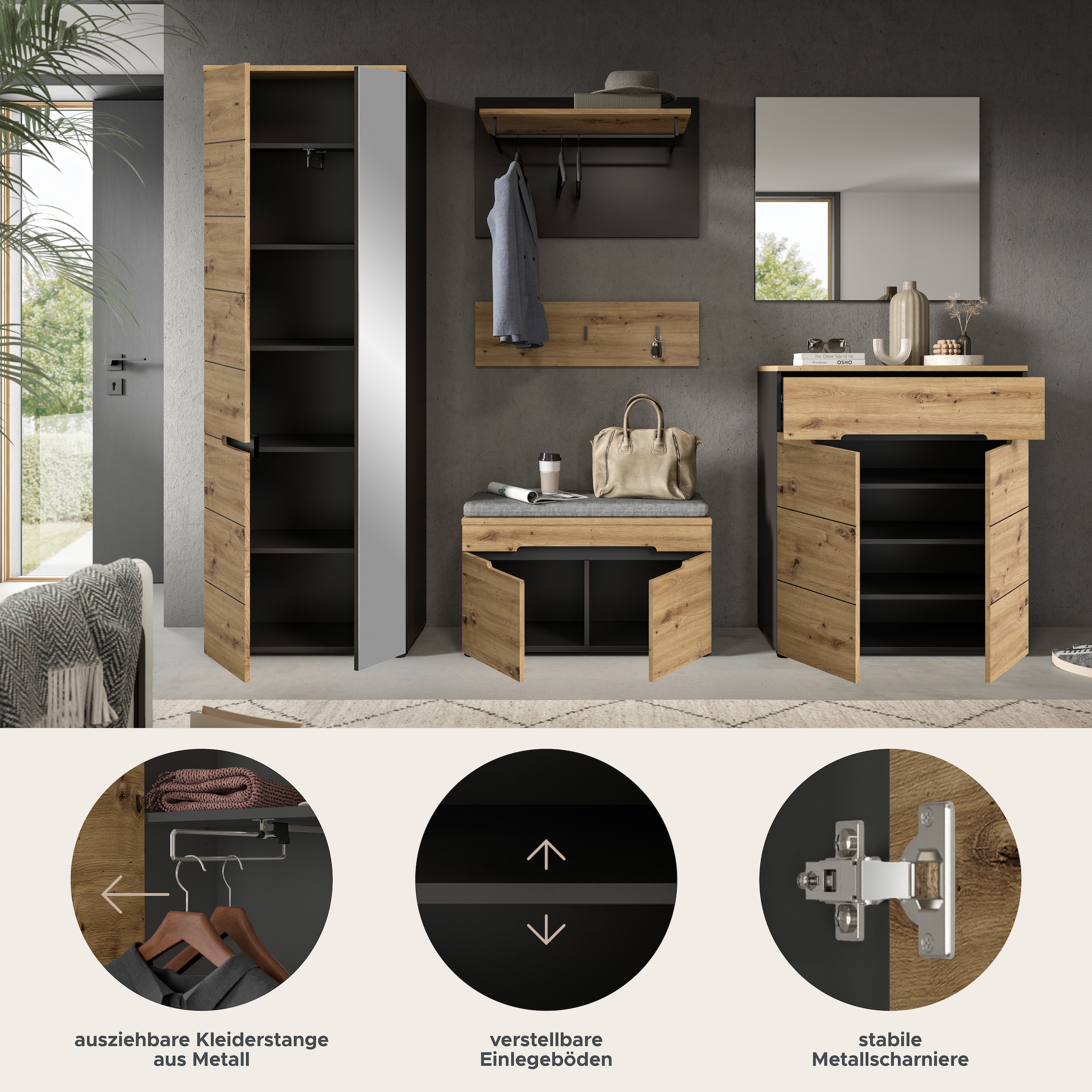 INOSIGN Garderoben-Set, (Set, 6 St., Schrank, Sitzbank, Sitzkissen, Paneel, Hakenleiste, Spiegel, Kommode), Garderobenkombination, Kombination, Set, Flurgarderobe, Diele