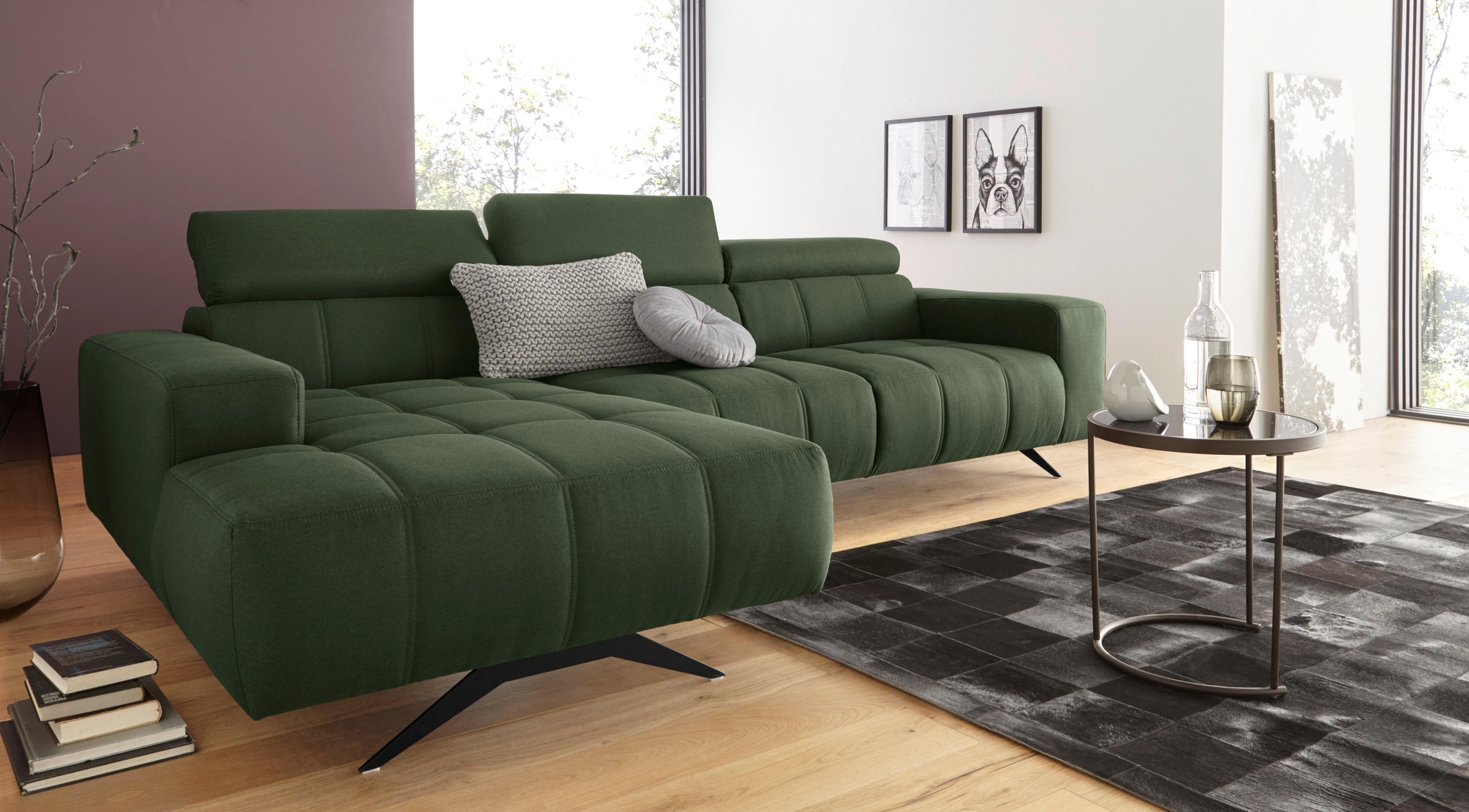 DOMO collection Ecksofa »Trento L-Form, mit Kufenfuß oder Einzelfuß«, wahlweise mit Kopfteilverstellung, Recamiere links/rechts bestellbar
