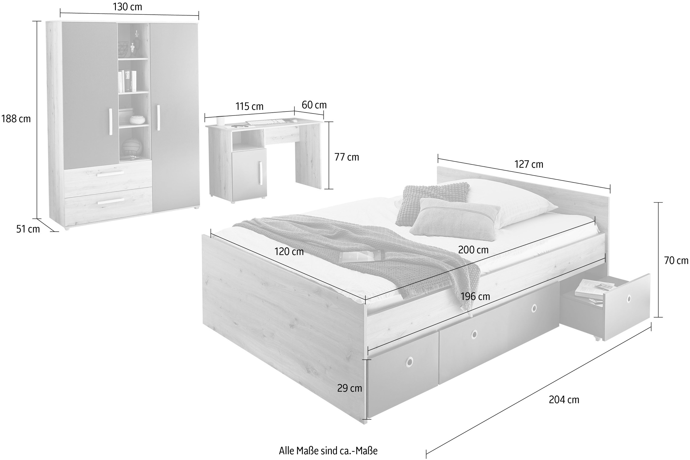 St., Melamin-Oberfläche Jugendzimmer-Set (Set, bestellen berndt »Alessio«, 4 mit online Kleiderschrank mit arthur Schubfächern, geräumiger Regalelement, Auszug),