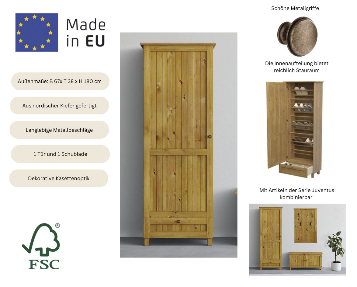 Home affaire Schuhschrank »Juventus« 1 Stk. tlg. aus massiver Kiefer, Breite  67cm , Höhe 180 cm