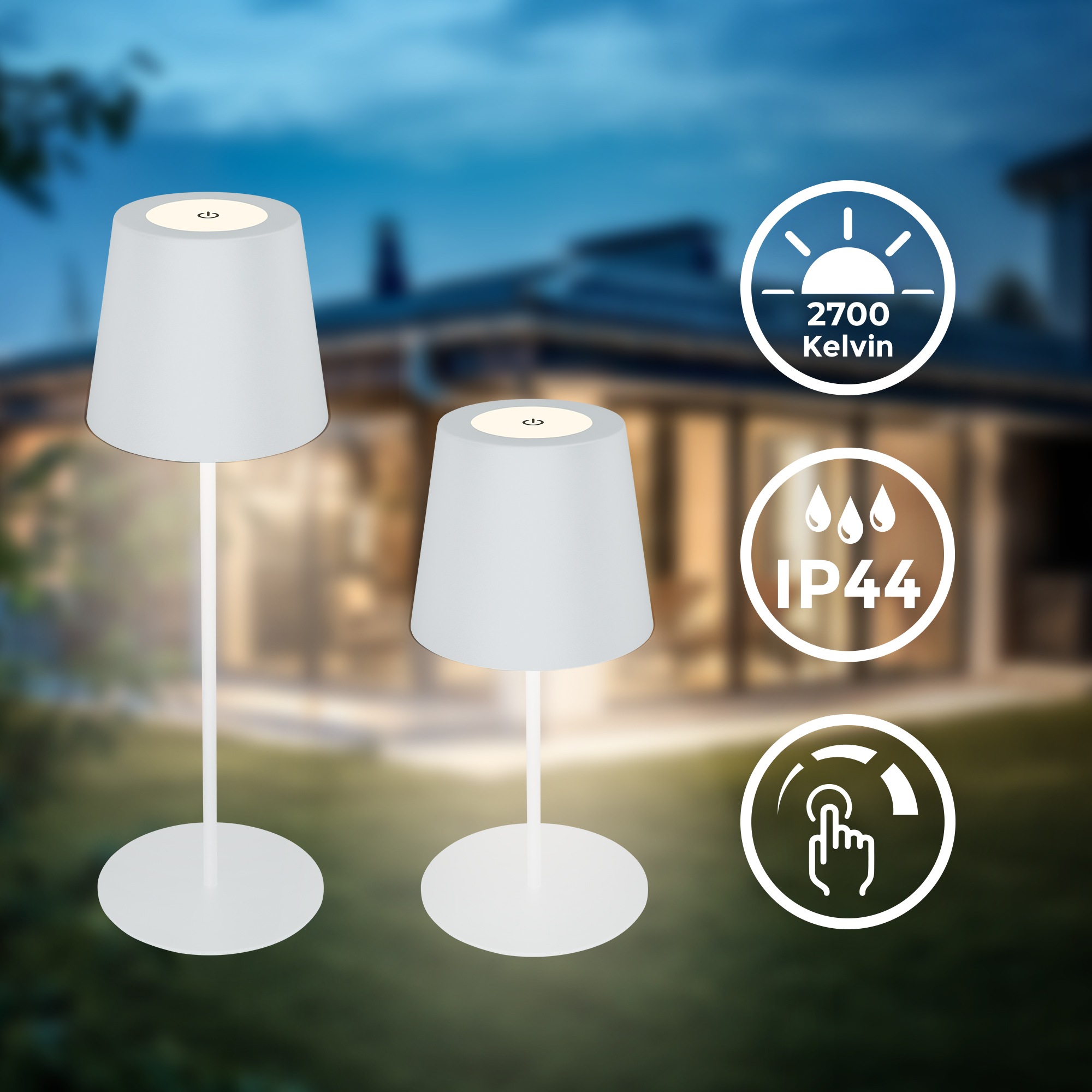 B.K.Licht Außen-Tischleuchte »BK_TL1594 Akku LED Tischlampe, 3-Stufen Touchdimmer, mit USB«, 1 flammig, Leuchtmittel LED-Modul | LED fest integriert, 2.700 K, 200 Lm, 2,5W, IP44, 12h Leuchtdauer, 36 x 10,5 cm, Weiß
