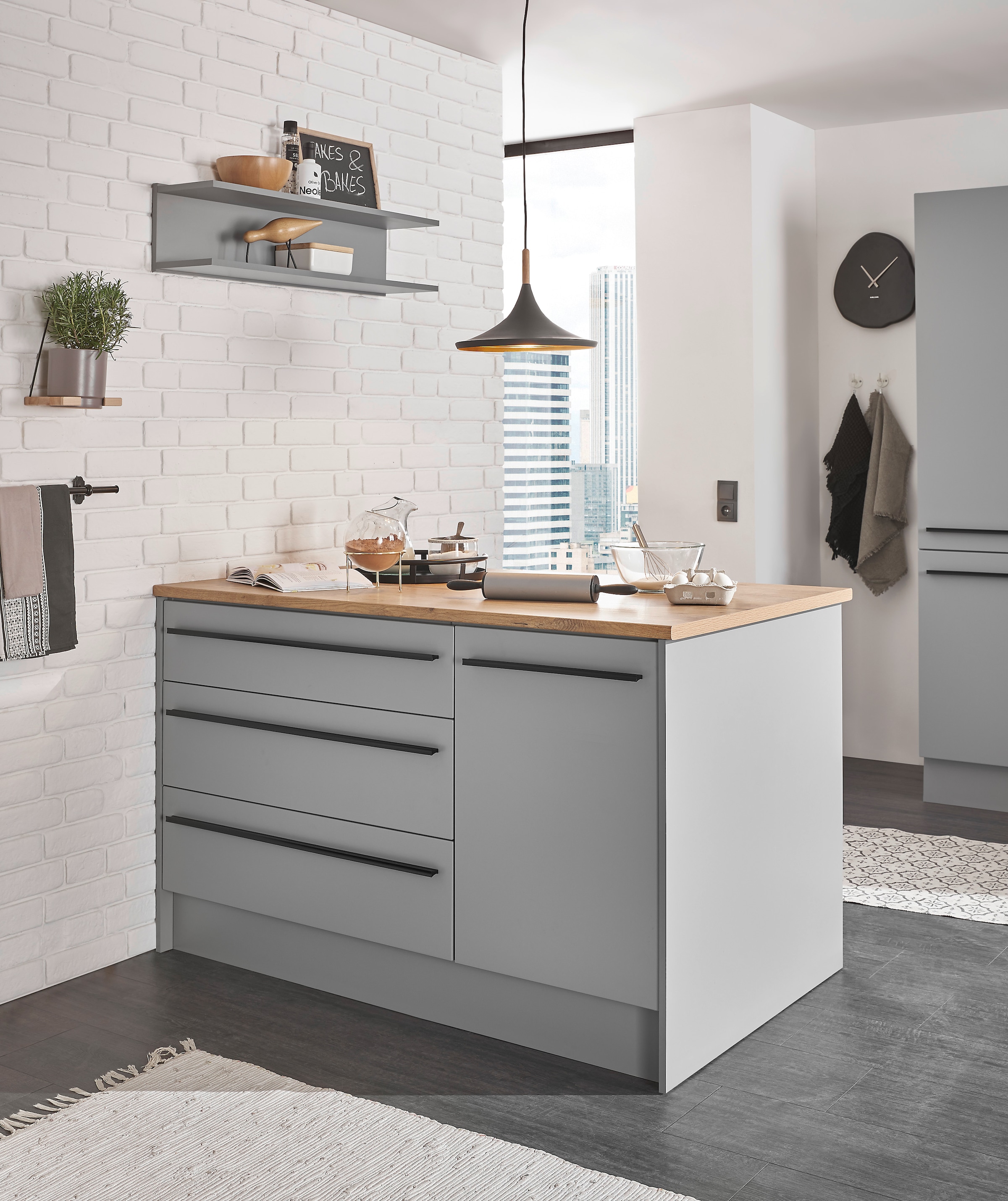 BASIC by Balculina Kücheninsel »Denver, Kochinsel + Küchenregal BxHxT 145 x 90 x 90/BxHxT 90x22x21«, Breite 145 cm, mit Tür, Schubkasten, Klappe und offenem Fach