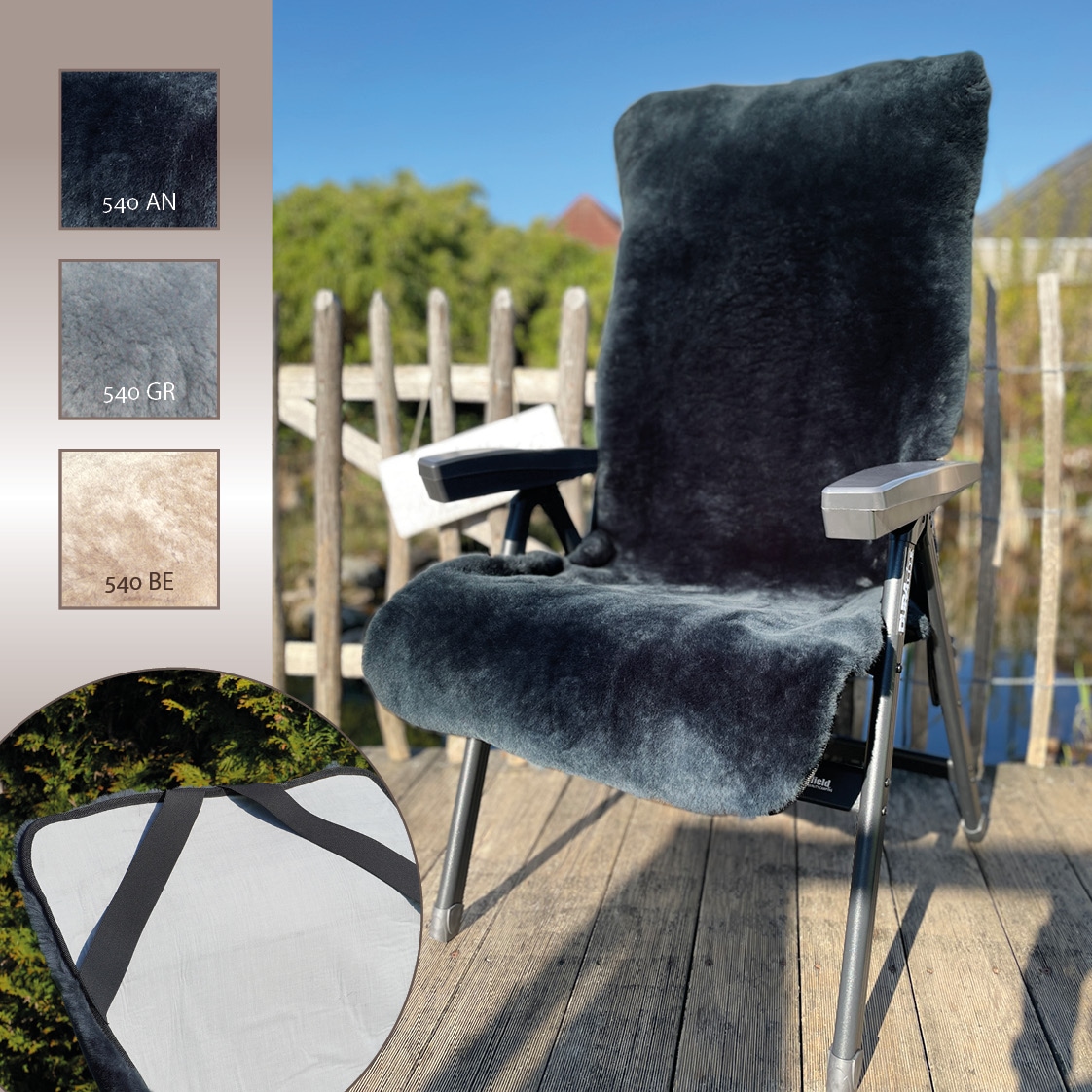Heitmann Felle Überwurf »Lammfell-Auflage für Garten- und Campingstühle«, geschorenes Lammfell, warm & kuschelig, perfekt für Garten und Camping