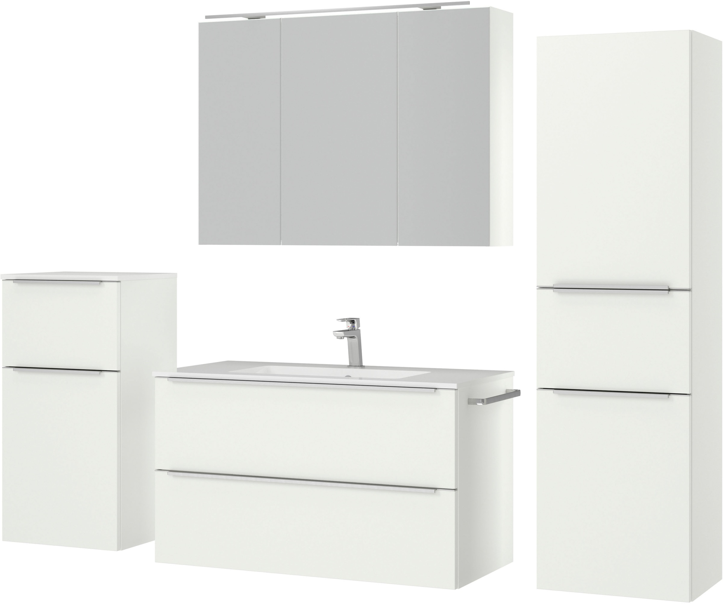 nobilia® Badmöbel-Set »Levere«, (4 St., vormontiert, mit Soft-Close), inkl. Spiegelschrank mit Beleuchtung und Dimmerfunktion, in 4 Breiten