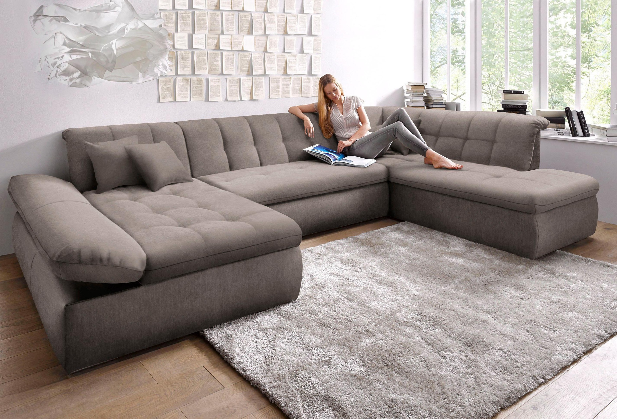 DOMO collection Wohnlandschaft »NMoric im XXL-Format, B/T/H: 353/216/80 cm, incl. Zierkissen U-Form«, wahlweise mit Bettfunktion und Armlehnenverstellung